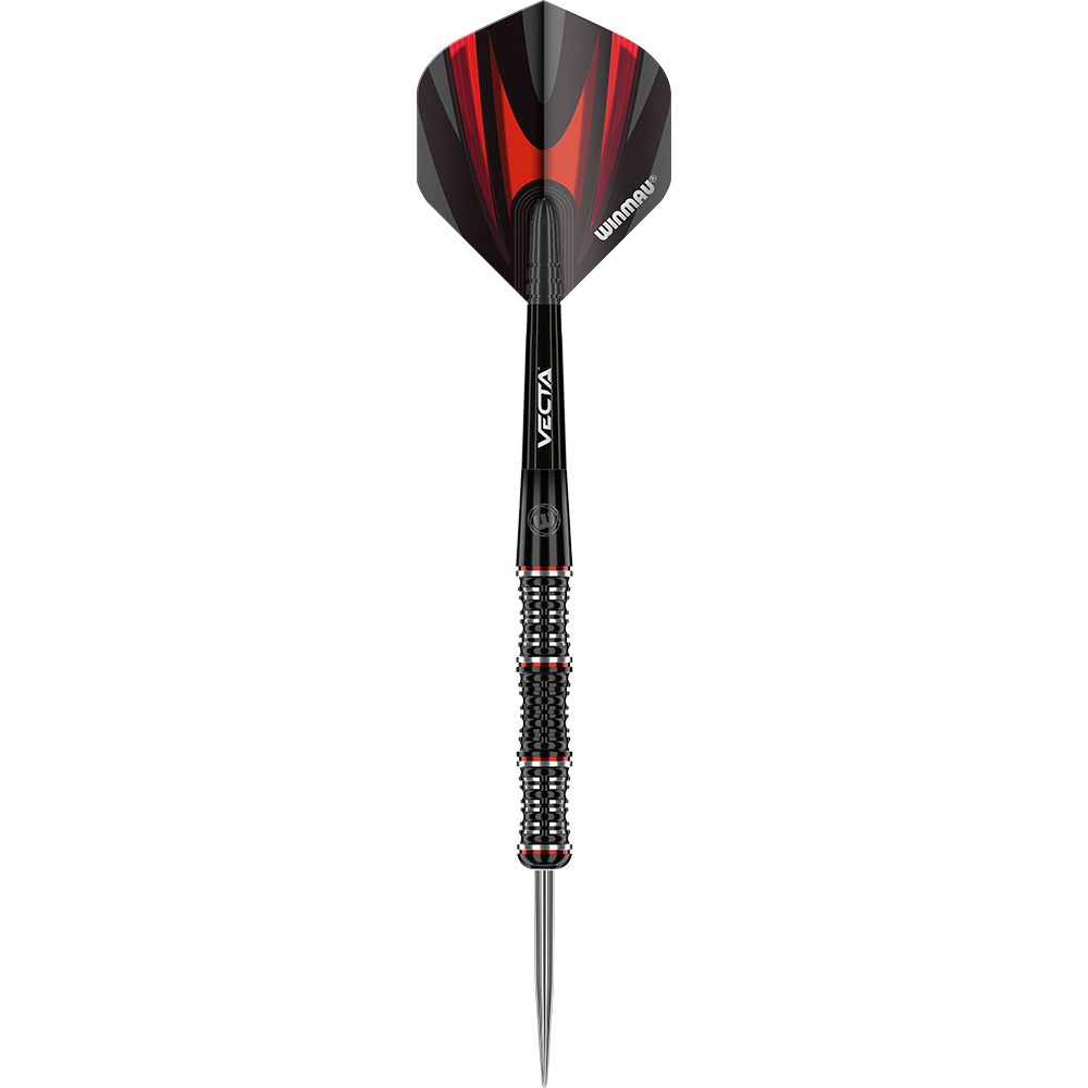 1461_Winmau_Mervyn_King_Special_Edition_Steeldarts_1kRZEQ6dGi2fcp Das Bild zeigt einen Winmau Mervyn King Special Edition Steeldart. Der Dartpfeil hat ein schwarzes Design mit roten Akzenten am Flight und am Griff.