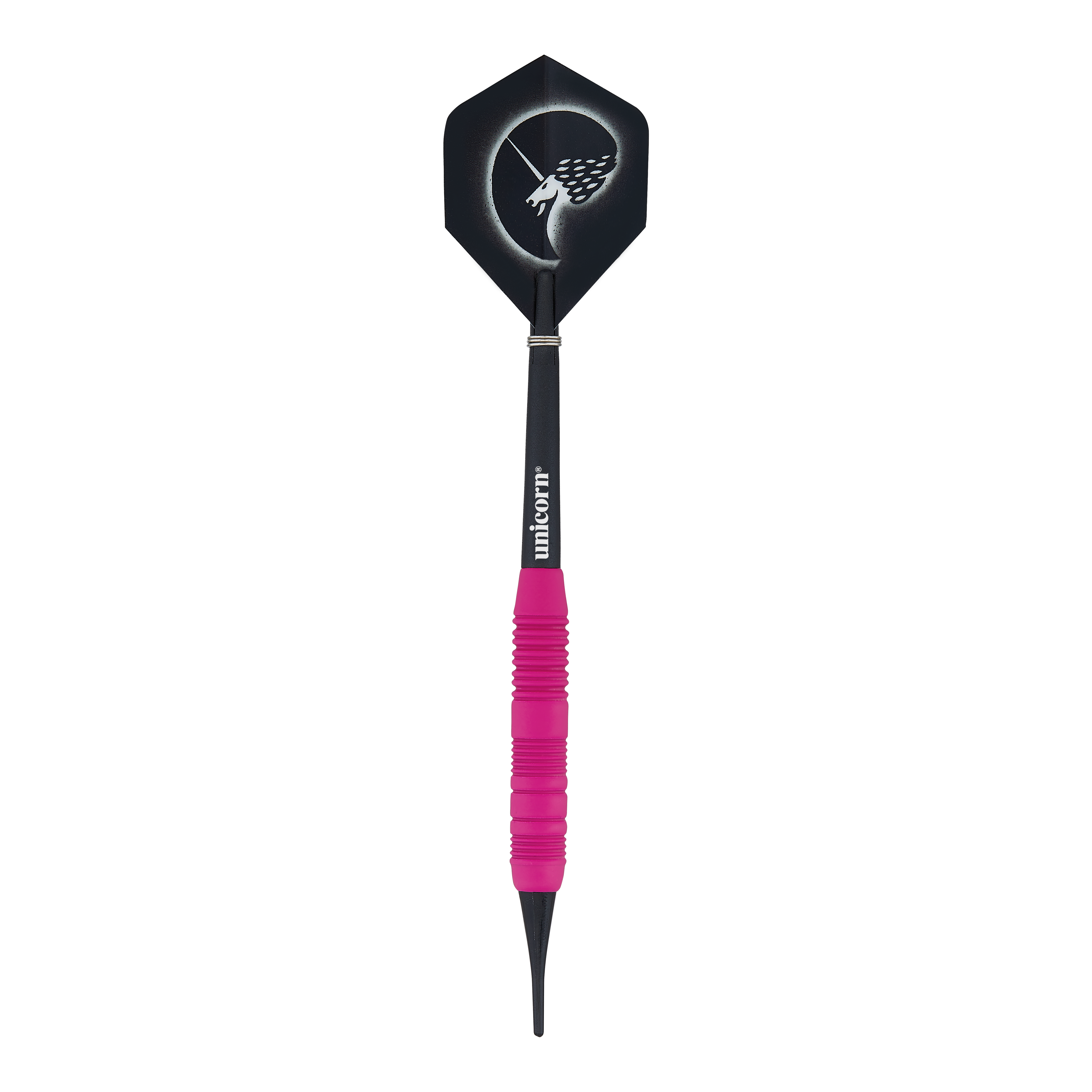 Fléchettes souples Unicorn Core Plus en caoutchouc rose - 19 g Das Bild zeigt einen Unicorn Core Plus Rubberised Pink Softdart mit einem Gewicht von 19 Gramm. Der Dartpfeil hat einen pinkfarbenen, gummierten Griff und eine schwarze Flights mit einem stilisierten Einhorn-Design.