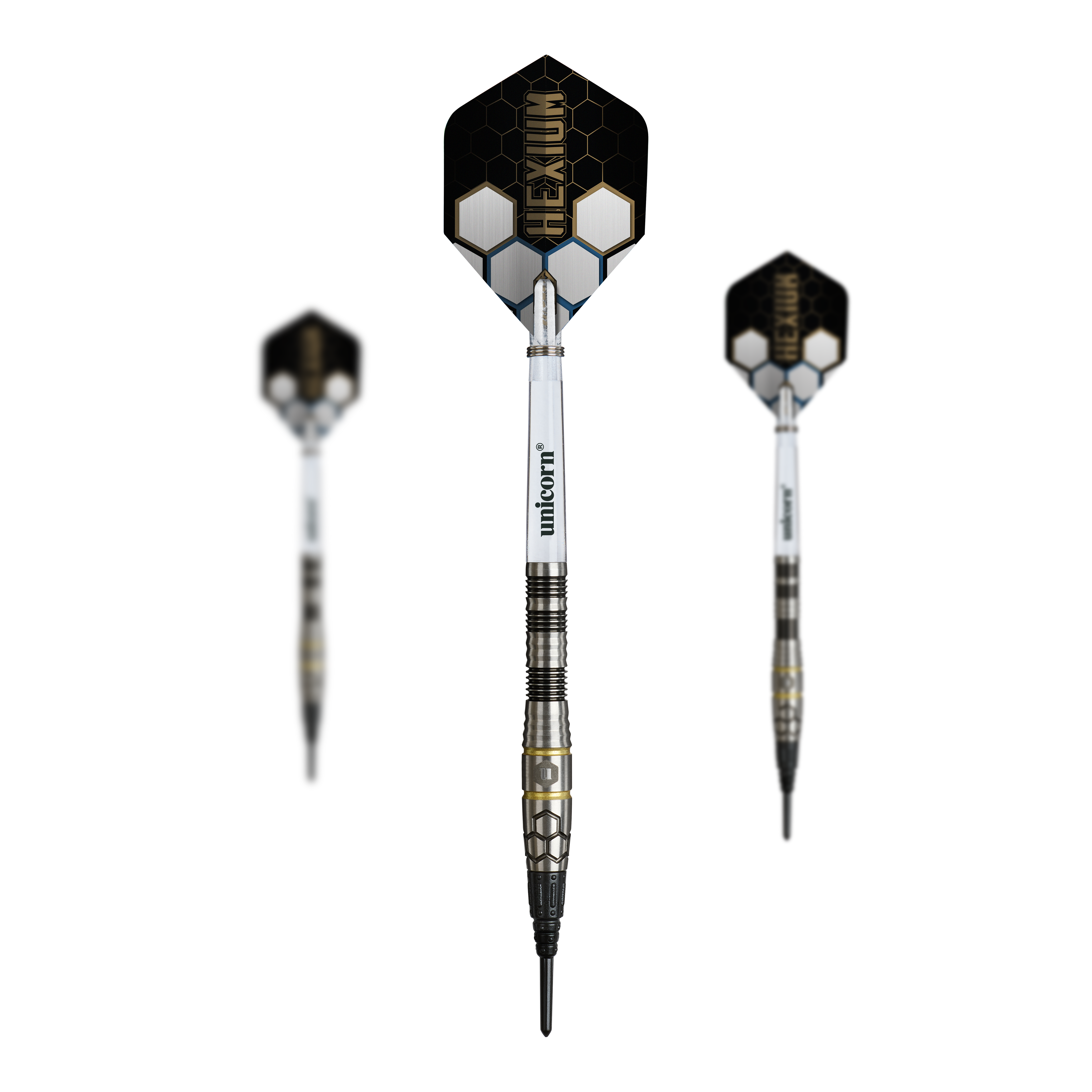 Fléchettes souples Unicorn Hexium Style 01 Noir et Or - 22 g Dieses Set zeigt die Unicorn Hexium Style 01 Black & Gold Softdarts - 22g als Set. Perfekt für Spieler, die ein passendes, abgestimmtes Dart-Set suchen.