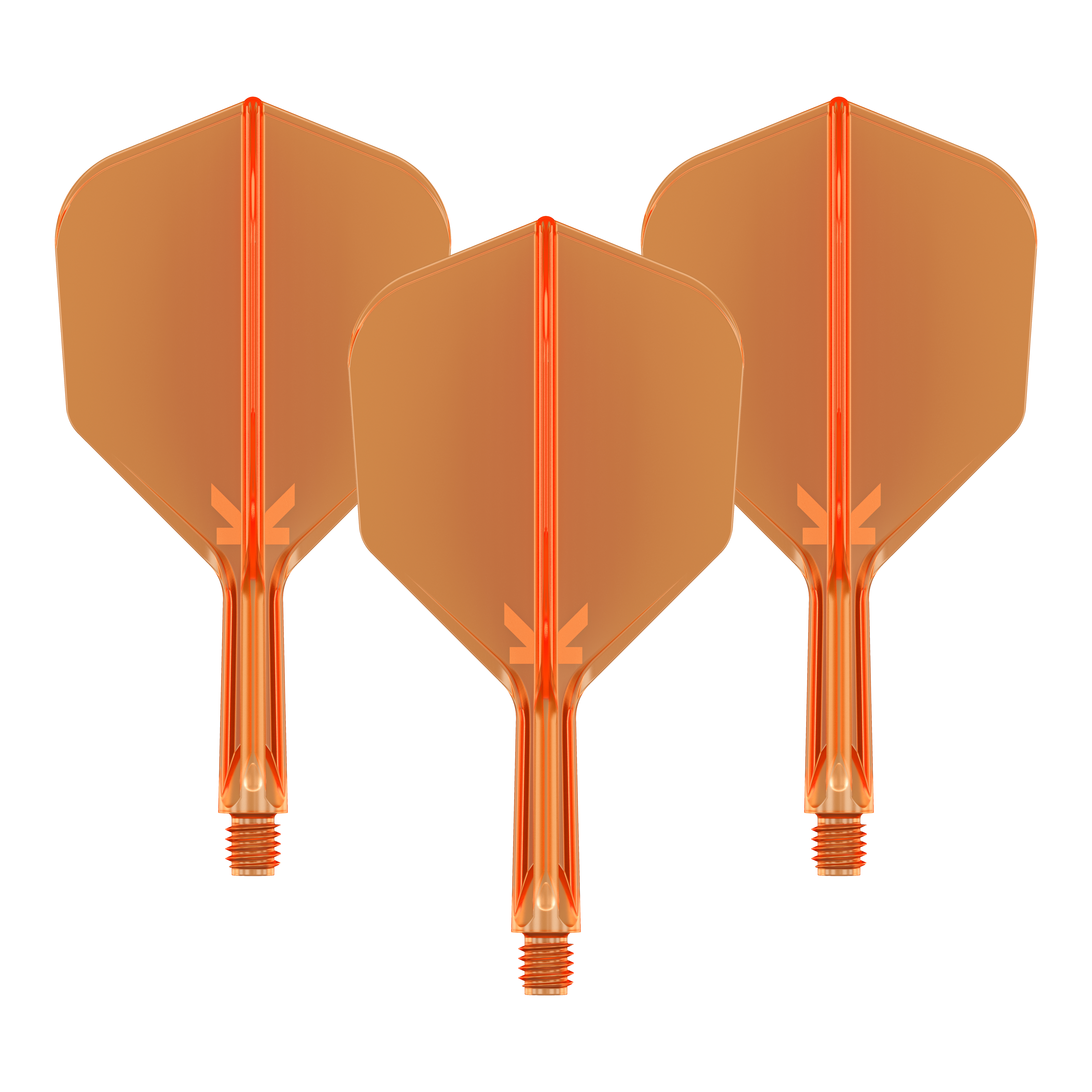 Système de vol Target K-Flex No6 - Orange fluo Auf dem Bild sind drei neonorange Darts-Flights mit Schaft zu sehen. Sie sind nebeneinander angeordnet und haben eine transparente Optik.