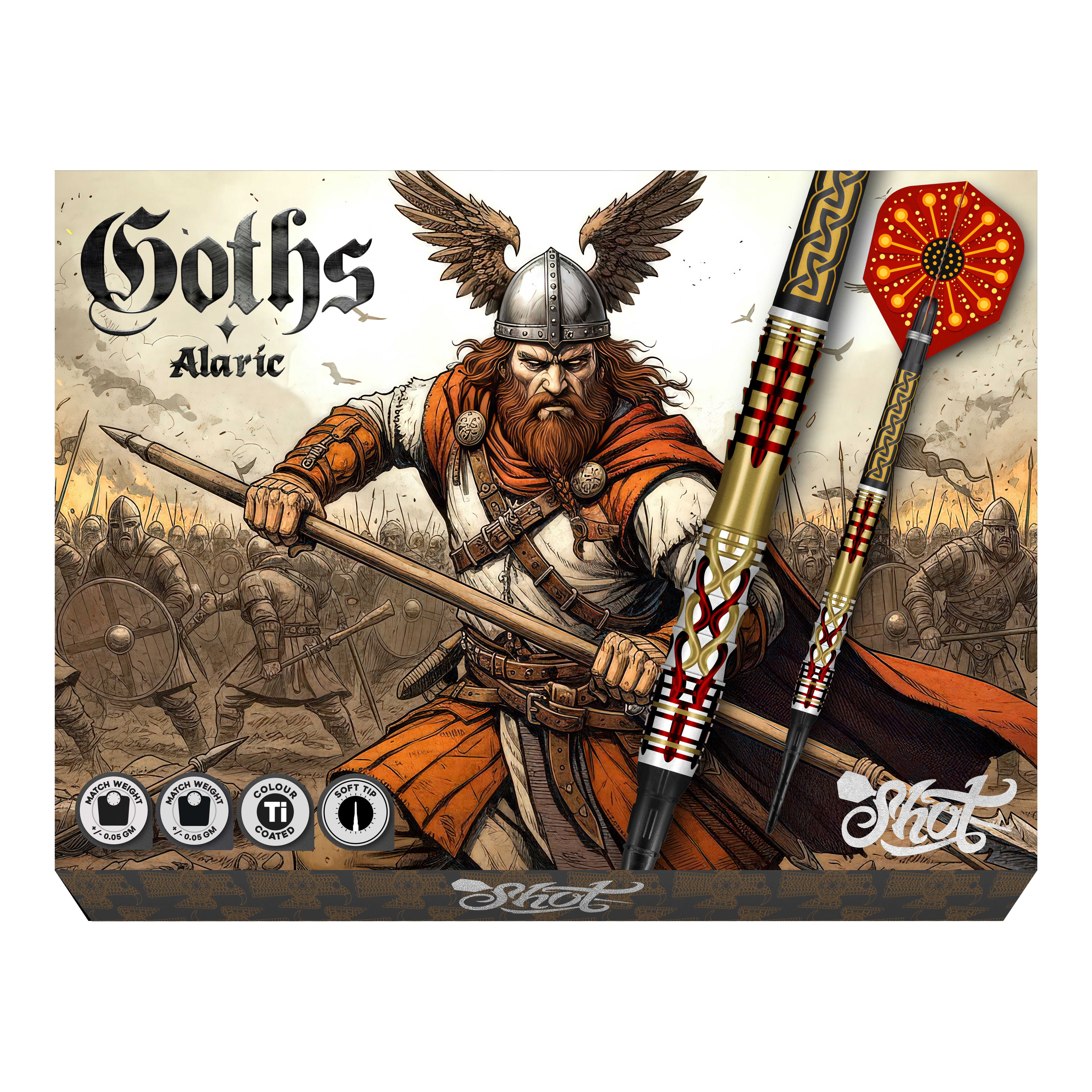 Fléchettes Shot Goths Alaric Soft - 20 g Abgebildet sind Shot Goths Alaric Softdarts mit einem Gewicht von 20g. Die Darts eignen sich perfekt für das Softdart-Spiel.