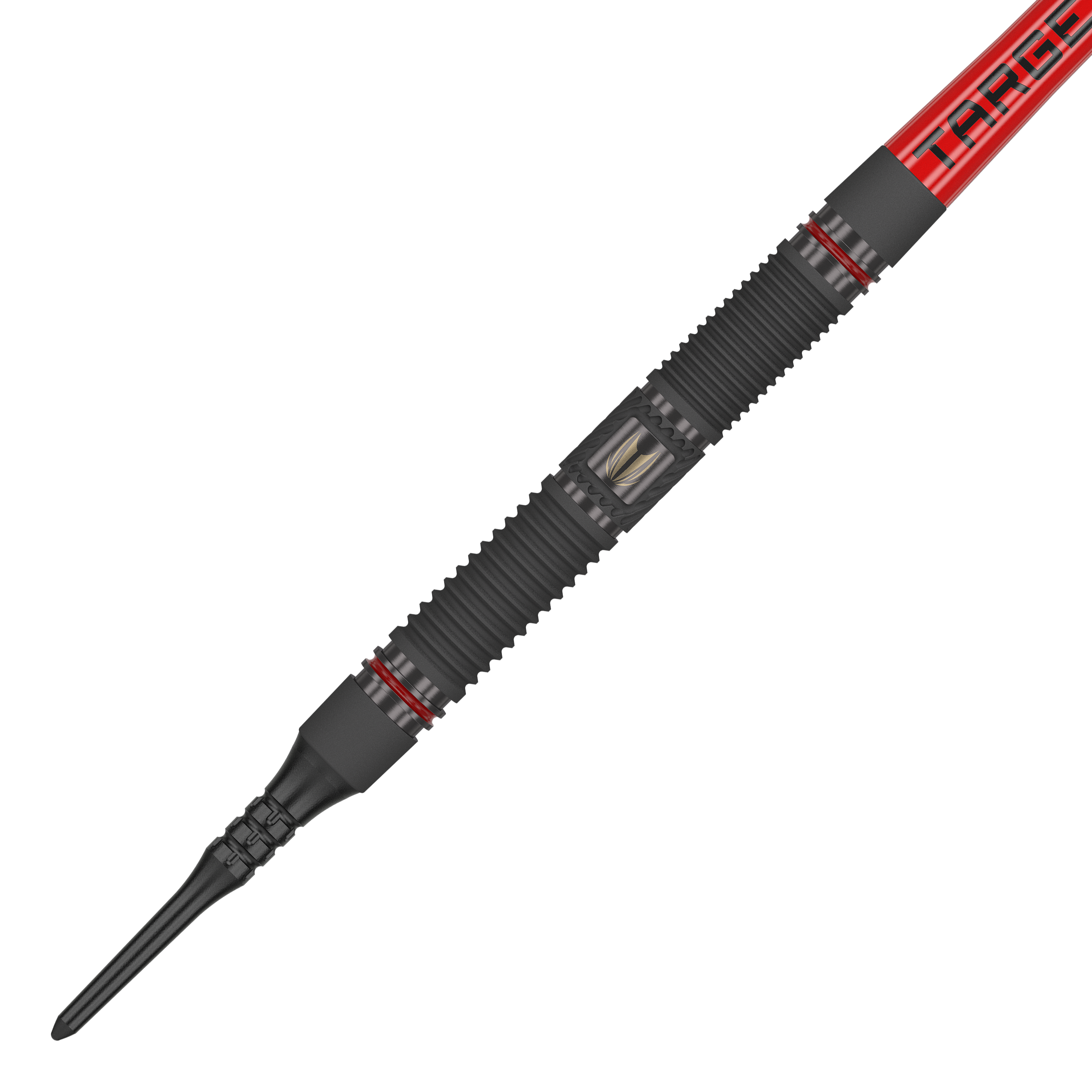 Target Scope 10 fléchettes souples Das Bild zeigt einen Target Scope 10 Softdart mit einem schwarzen, geriffelten Griff und roten Akzenten. Der Dart hat eine rote Fliege mit der Aufschrift "TARGET".
