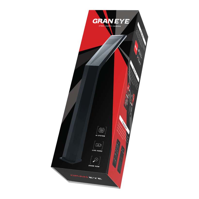 Système de pointage automatique GranDarts Gran Eye GEN2 Steeldart Das Bild zeigt die Verpackung des Produkts "GranDarts GranEye Steeldart Auto-Scoring-System". Auf der Schachtel sind ein Bild des Geräts sowie Hinweise auf Funktionen wie KI-System, Live-Video und Zoom-Ansicht abgebildet.