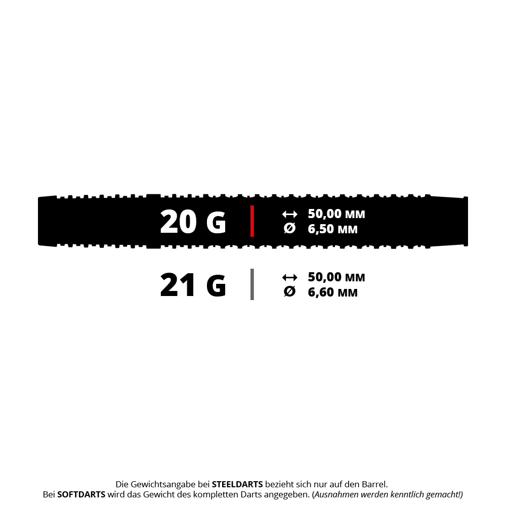 Fléchettes de siège Harrows Softdarts Das Bild zeigt zwei Gewichtsvarianten von Darts: 20 Gramm und 21 Gramm. Beide Varianten sind 50,00 mm lang, haben jedoch unterschiedliche Durchmesser von 6,50 mm bzw. 6,60 mm.