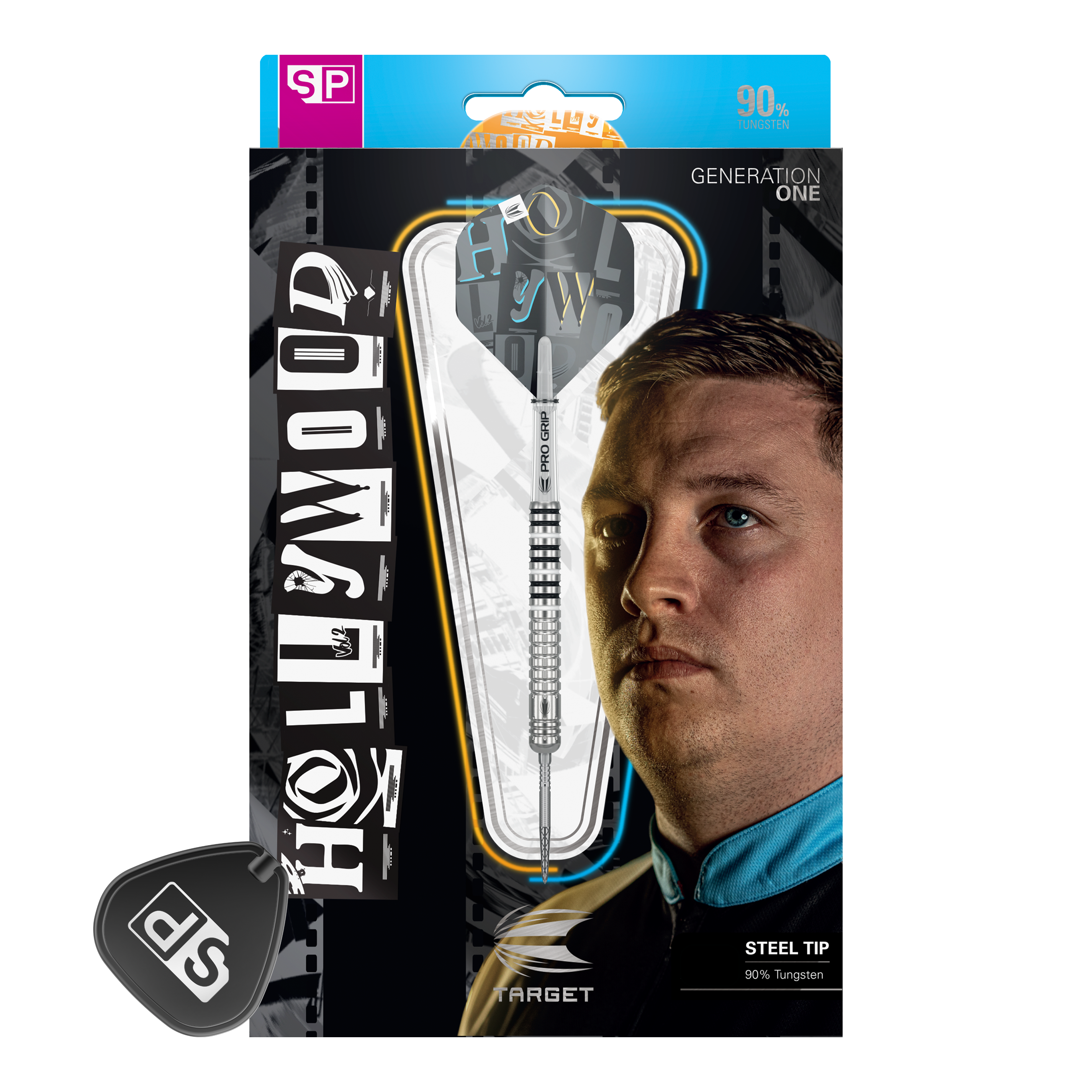 Target Chris Dobey GEN1 Swiss Point Steeldarts Auf der Verpackung ist ein Steeldart-Set mit dem Namen "Hollywood" abgebildet. Im Hintergrund sieht man das Porträt eines Mannes und den Hinweis, dass der Dart 90% Tungsten enthält.