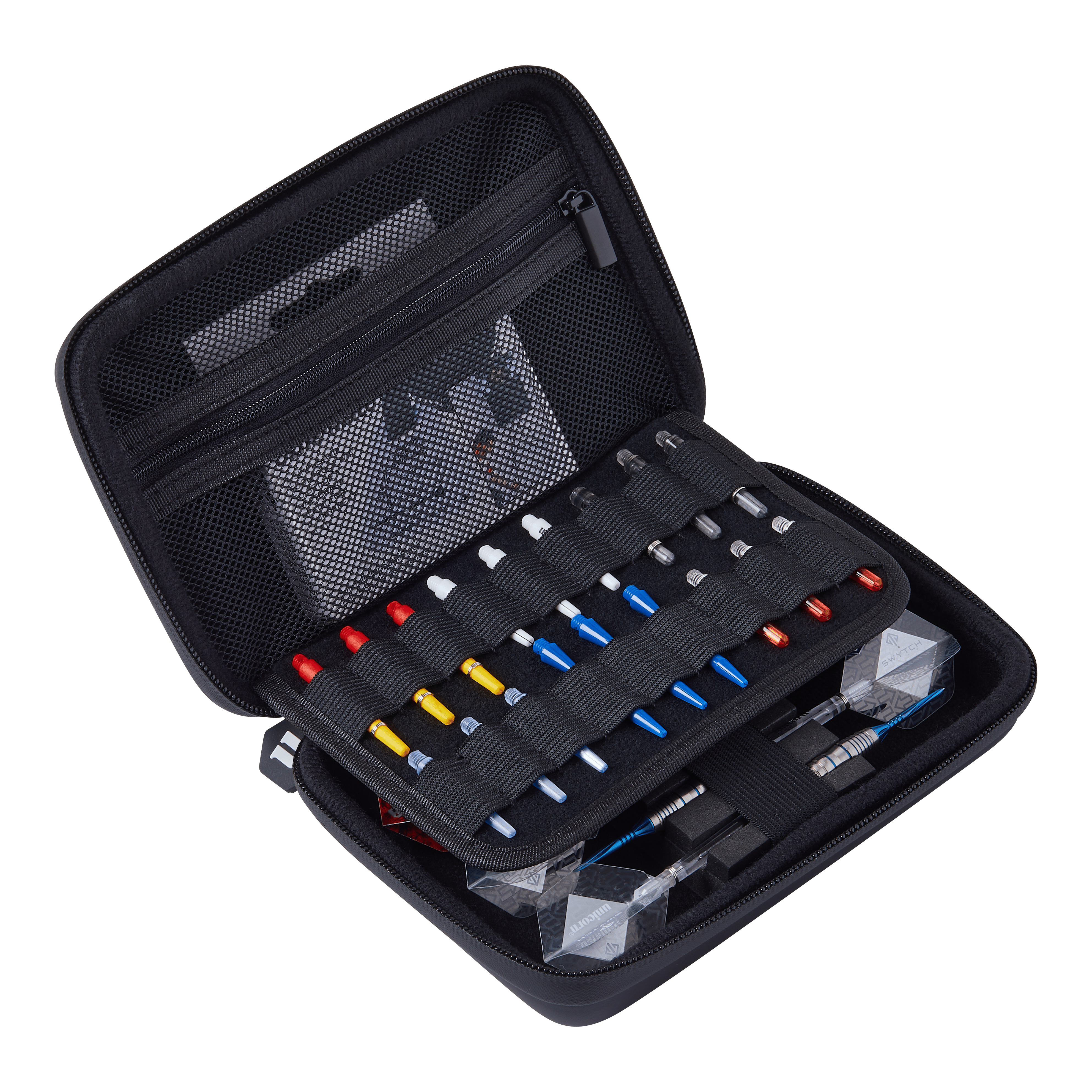 Étui à fléchettes Unicorn Ultra 3UP Medium - Noir Das Bild zeigt das Produkt "Unicorn Ultra 3UP Medium Dartcase - Schwarz". Das Dartcase ist geöffnet und ordentlich mit verschiedenen Dartzubehörteilen und Darts bestückt.