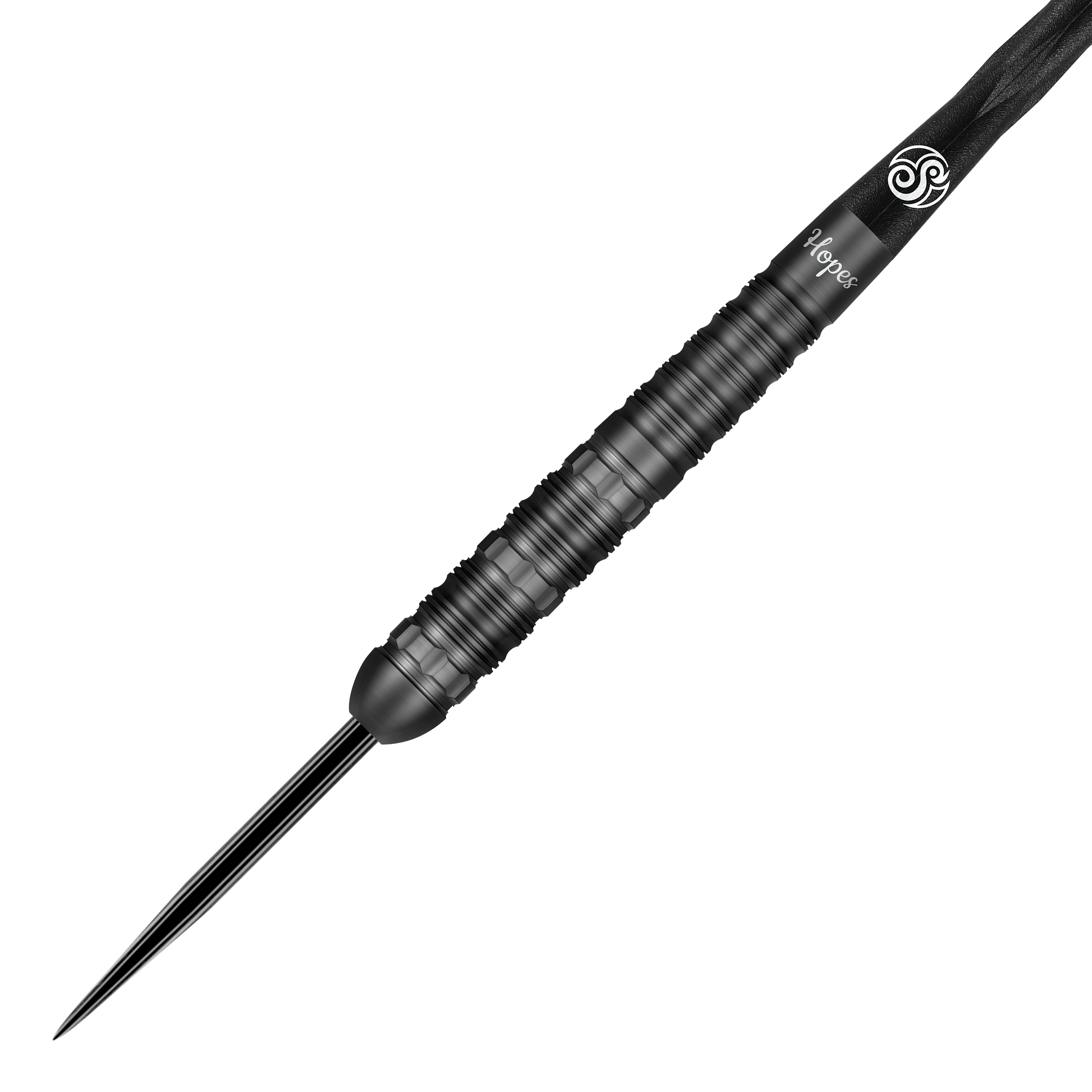 Fléchettes en acier Shot Pro-Series Haupai Puha 2 - 24 g Das Bild zeigt einen schwarzen Steeldart aus der Shot Pro-Series Haupai Puha 2 mit 24 Gramm Gewicht. Der Dartpfeil hat ein modernes, geriffeltes Design für besseren Halt.