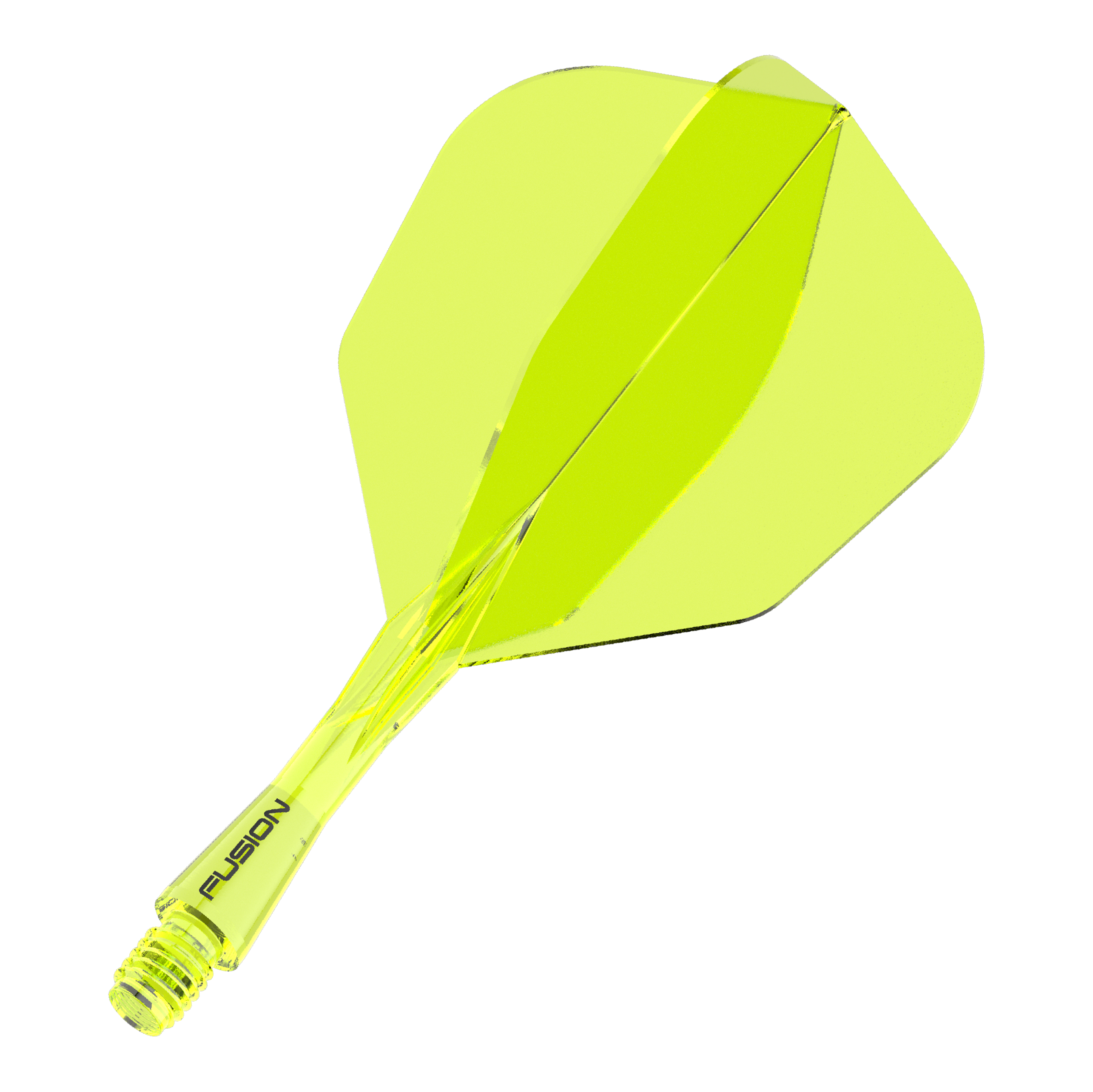 Système d'arbre de vol Winmau Fusion No6 Jaune fluo Das Bild zeigt ein neon-gelbes Dartflight- und Shafts-System. Auf dem Schaft steht das Wort "FUSION".