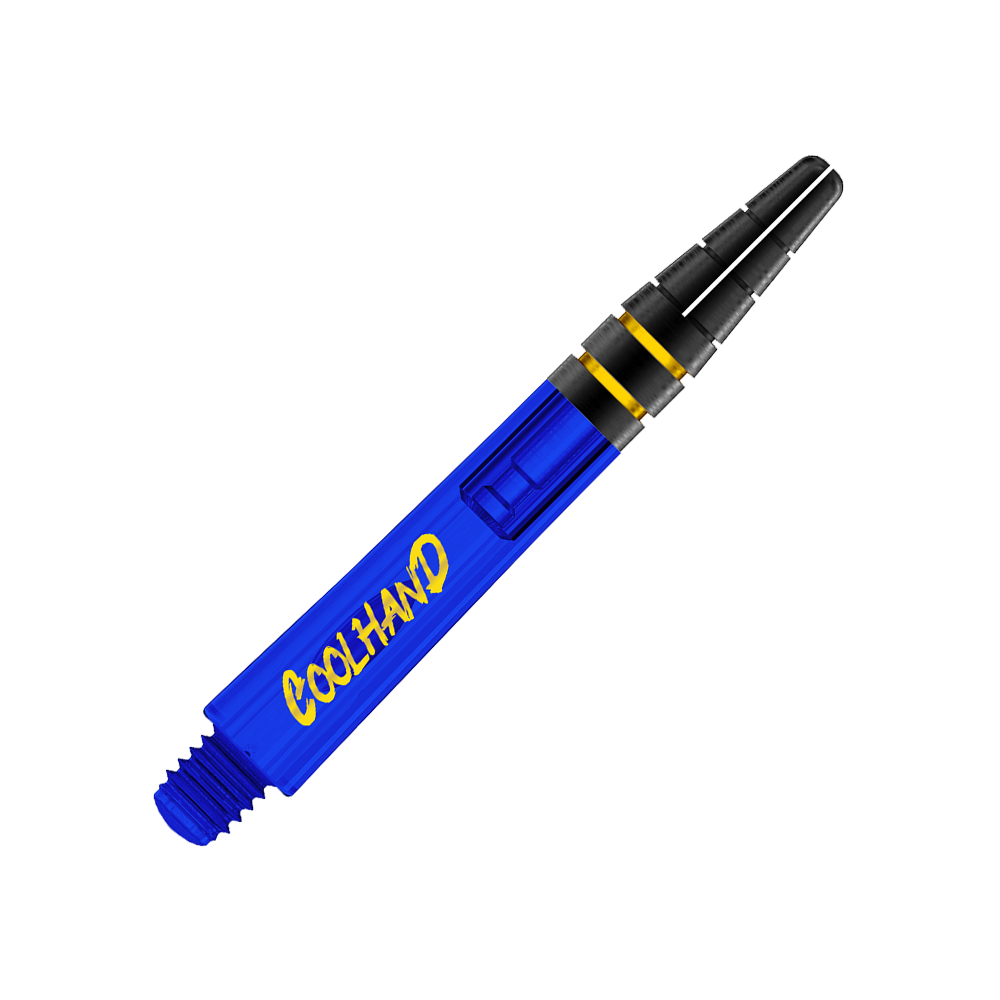 Tiges Red Dragon Nitrotech Luke Humphries Coolhand - Bleues Das Bild zeigt einen blauen Dart-Schaft mit der Aufschrift "COOLHAND" in gelber Schrift. Der Schaft hat am oberen Ende schwarze und gelbe Akzente.