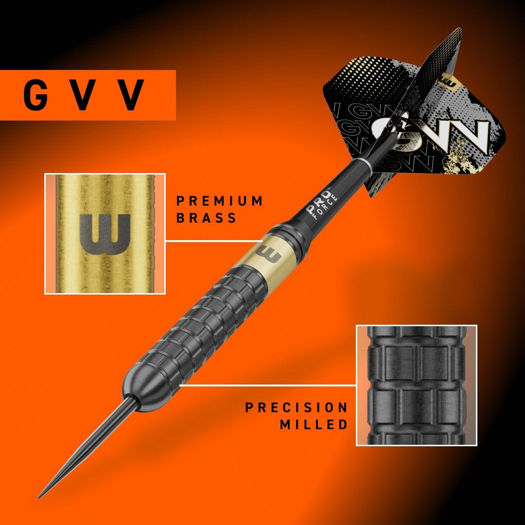 Winmau Gian Van Veen Core Brass Steeldards - 21g Abgebildet sind Winmau Gian Van Veen Core Brass Steeldarts mit 21 Gramm. Das Foto zeigt den Dartpfeil in voller Länge.