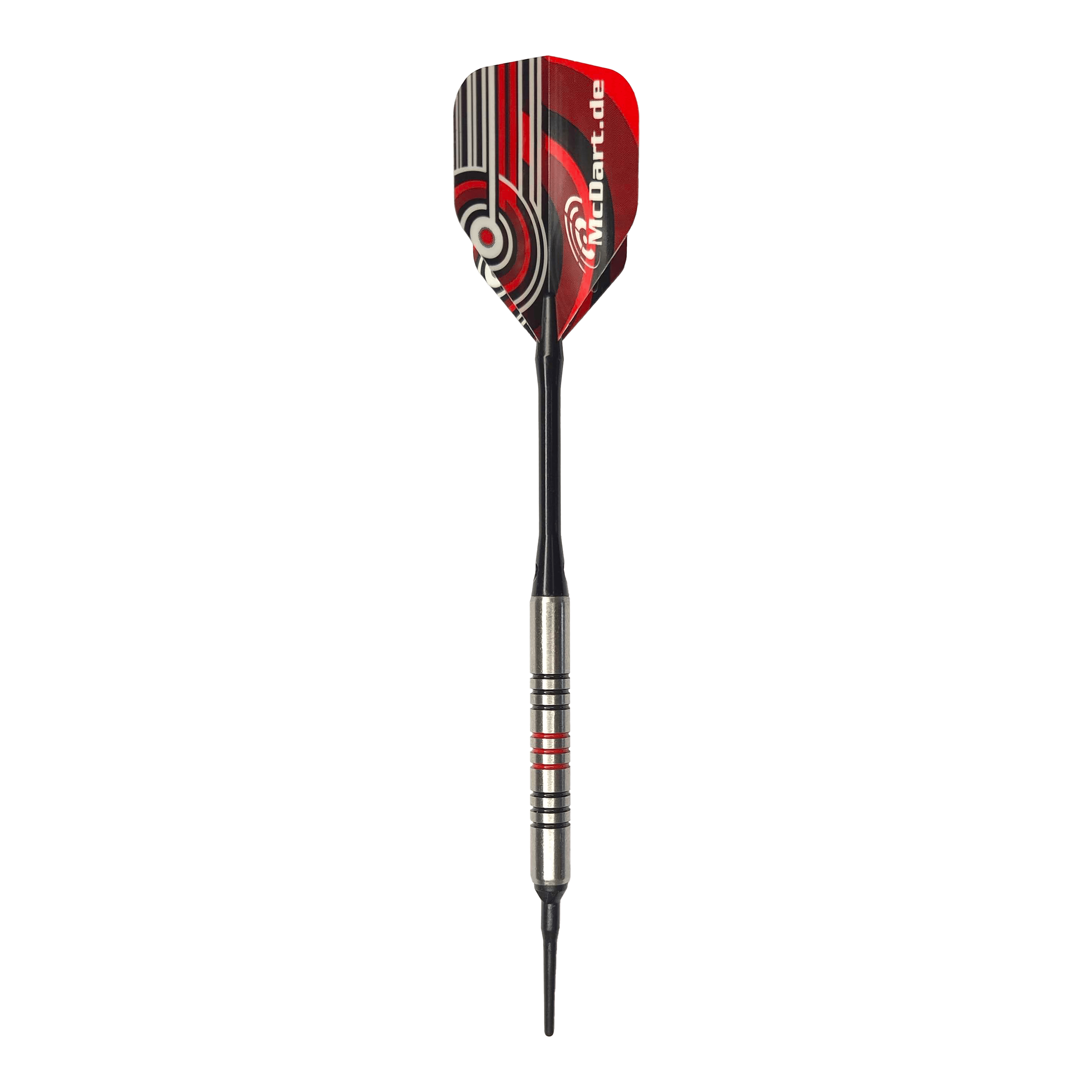 Fléchettes souples McDart 85 Tungstène V11 - 17,5 g Dies ist ein McDart 85er Tungsten V11 Softdart mit einem Gewicht von 17,5g. Der Dart hat ein silbernes Barrel mit schwarzen und roten Ringen sowie ein rot-schwarzes Flight-Design.