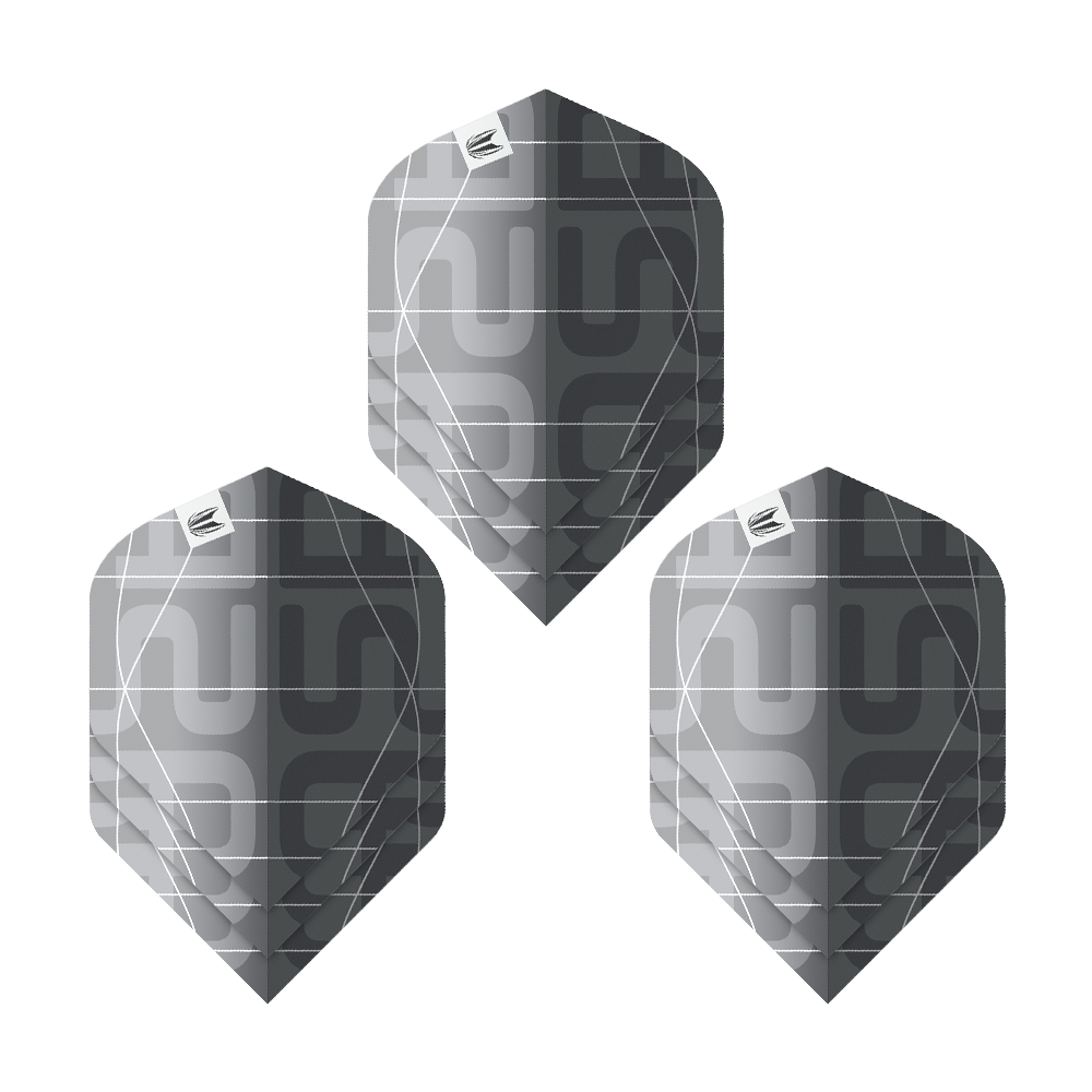 Volets standard Target Pro Ultra Aspinall X Echo No2 - 3 jeux Das Bild zeigt drei schwarze und graue Dartflights mit modernem Muster. Es handelt sich um das Produkt "Target Pro Ultra Aspinall X Echo No2 Standard Flights - 3 Sets".
