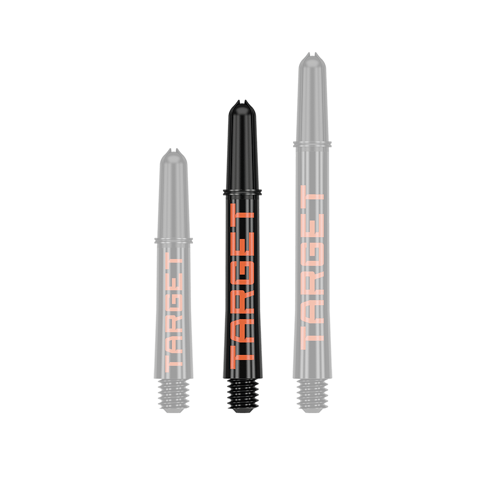 Tiges Target Pro Grip TAG - 3 jeux - Noir Orange Auf dem Bild sind drei schwarze Dartschäfte in unterschiedlicher Länge zu sehen. Auf jedem Schaft steht in orangefarbenen Buchstaben das Wort "TARGET".