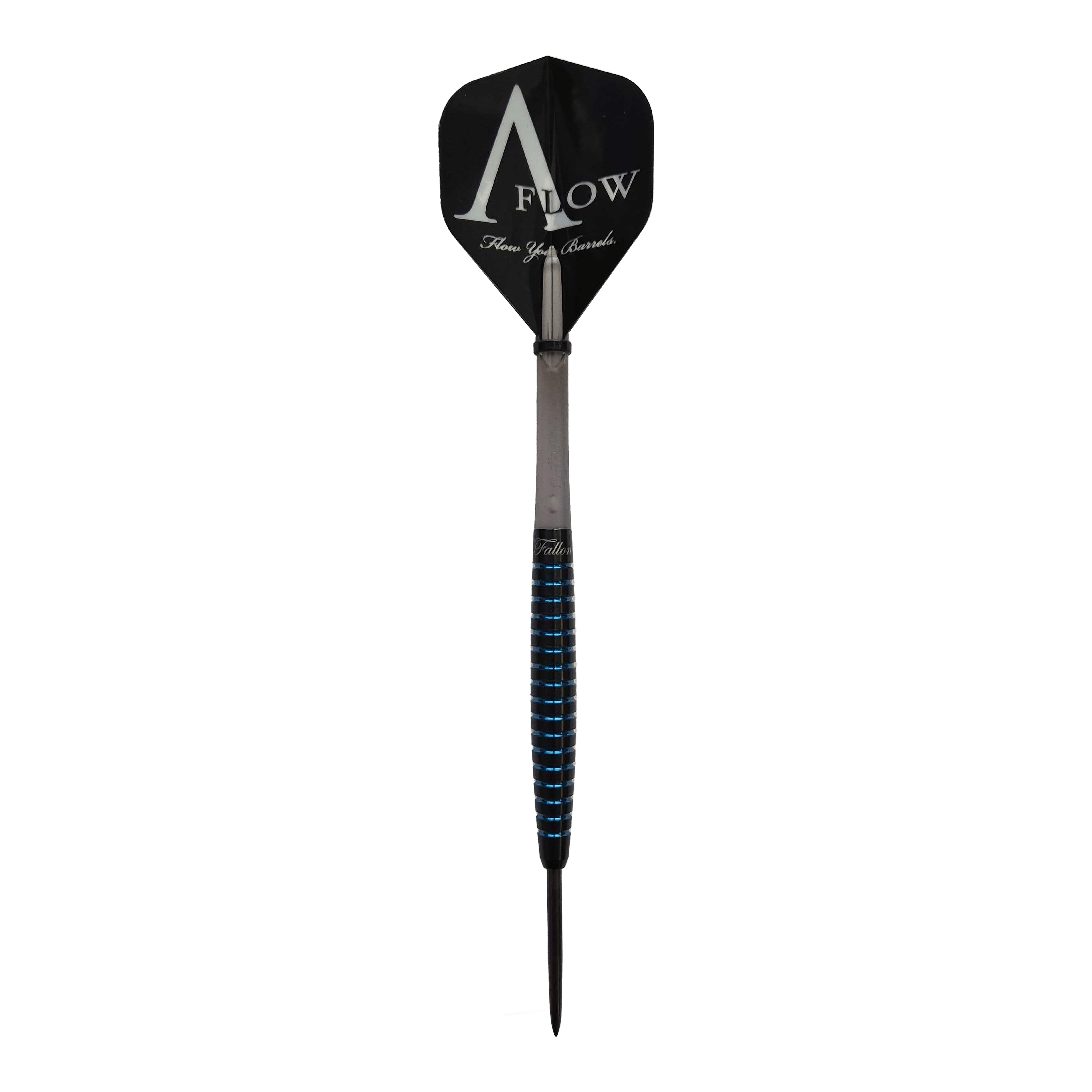 Fléchettes Dynasty Fallon Sherrock 4 AFlow BK en acier - Avec autographe - 23 g Das Bild zeigt einen Steeldart der Marke Dynasty, Modell Fallon Sherrock 4 AFlow BK mit Autogramm und einem Gewicht von 23g. Der Dart hat auffällige blaue Rillen am Griff und ein schwarzes Flight mit der Aufschrift "AFlow".