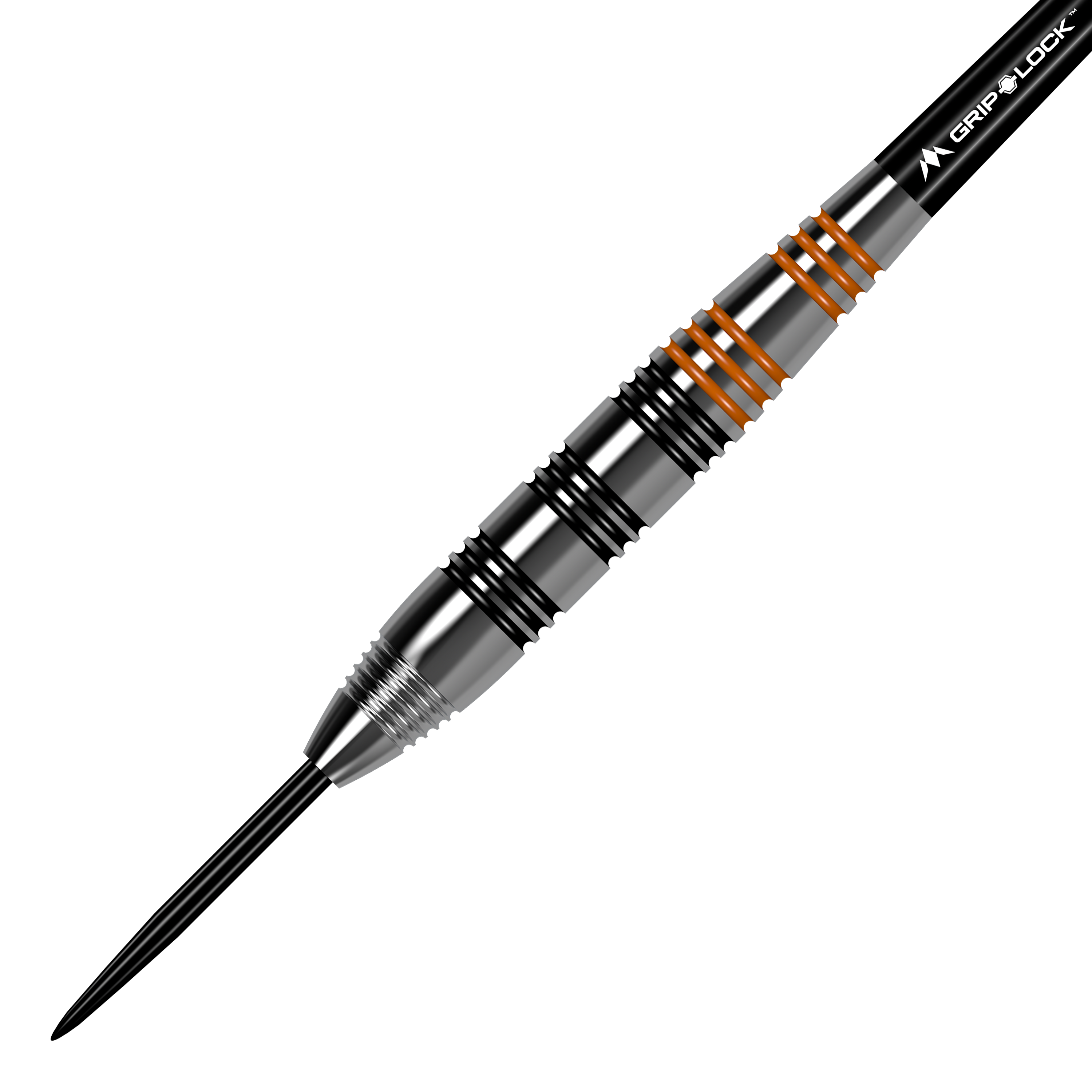 Fléchettes en acier laiton Mission Javan - 22 g Das Bild zeigt einen Mission Javan Brass Steeldart mit einem Gewicht von 22 Gramm. Der Dart hat silberne und schwarze Rillen sowie einige orangefarbene Ringe am Griff.