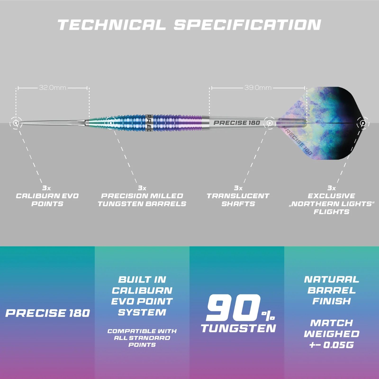 Fléchettes en acier Precise 180 Northern Lights Zu sehen sind die Precise 180 Northern Lights Steeldarts. Diese Steeldarts überzeugen durch hochwertige Verarbeitung.