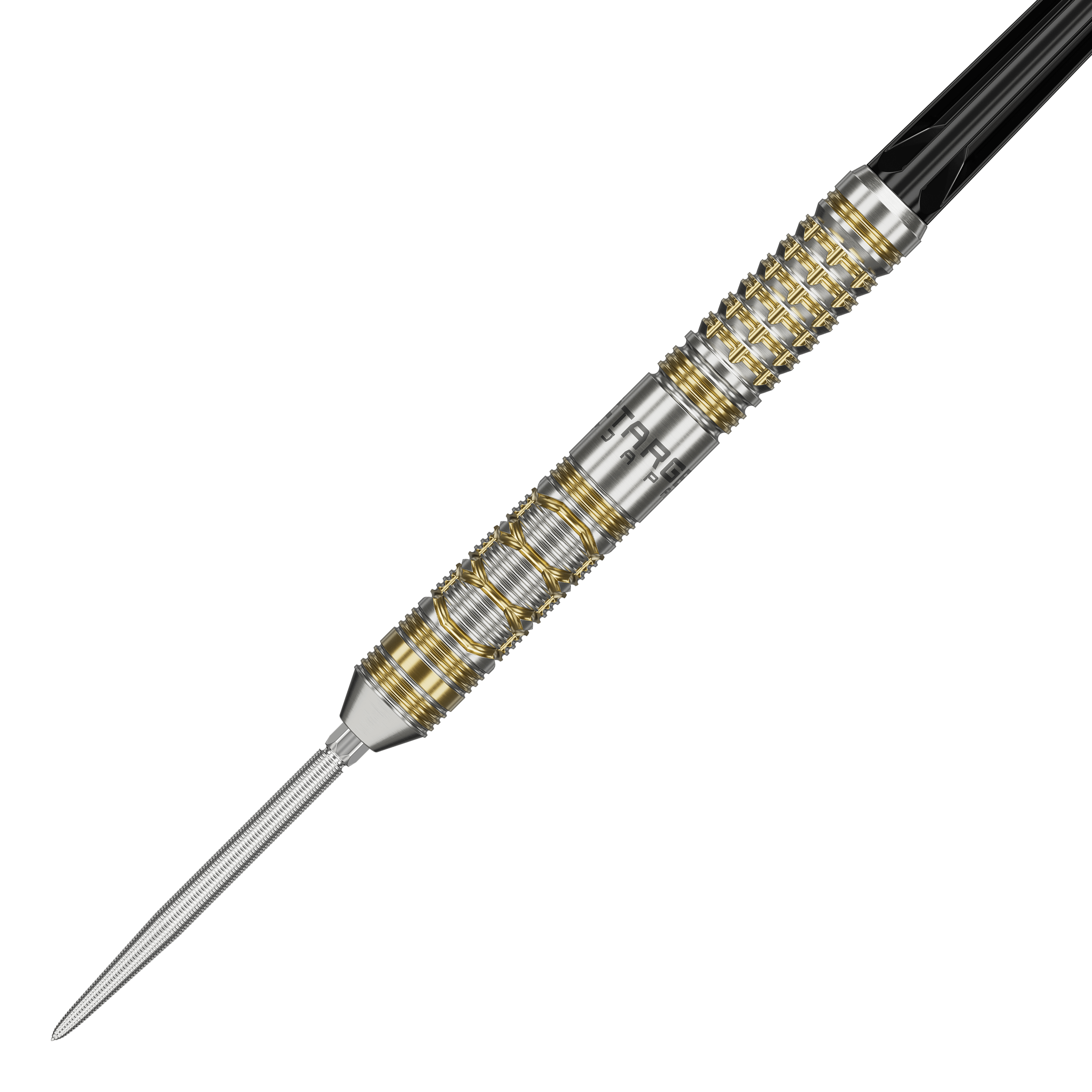 Fléchettes en acier Target Japan Black Marque Reyn GEN2 Das Bild zeigt einen eleganten Steeldart mit silbernen und goldenen Akzenten. Es handelt sich um das Produkt "Target Japan Black Marque Reyn GEN2 Steeldarts".