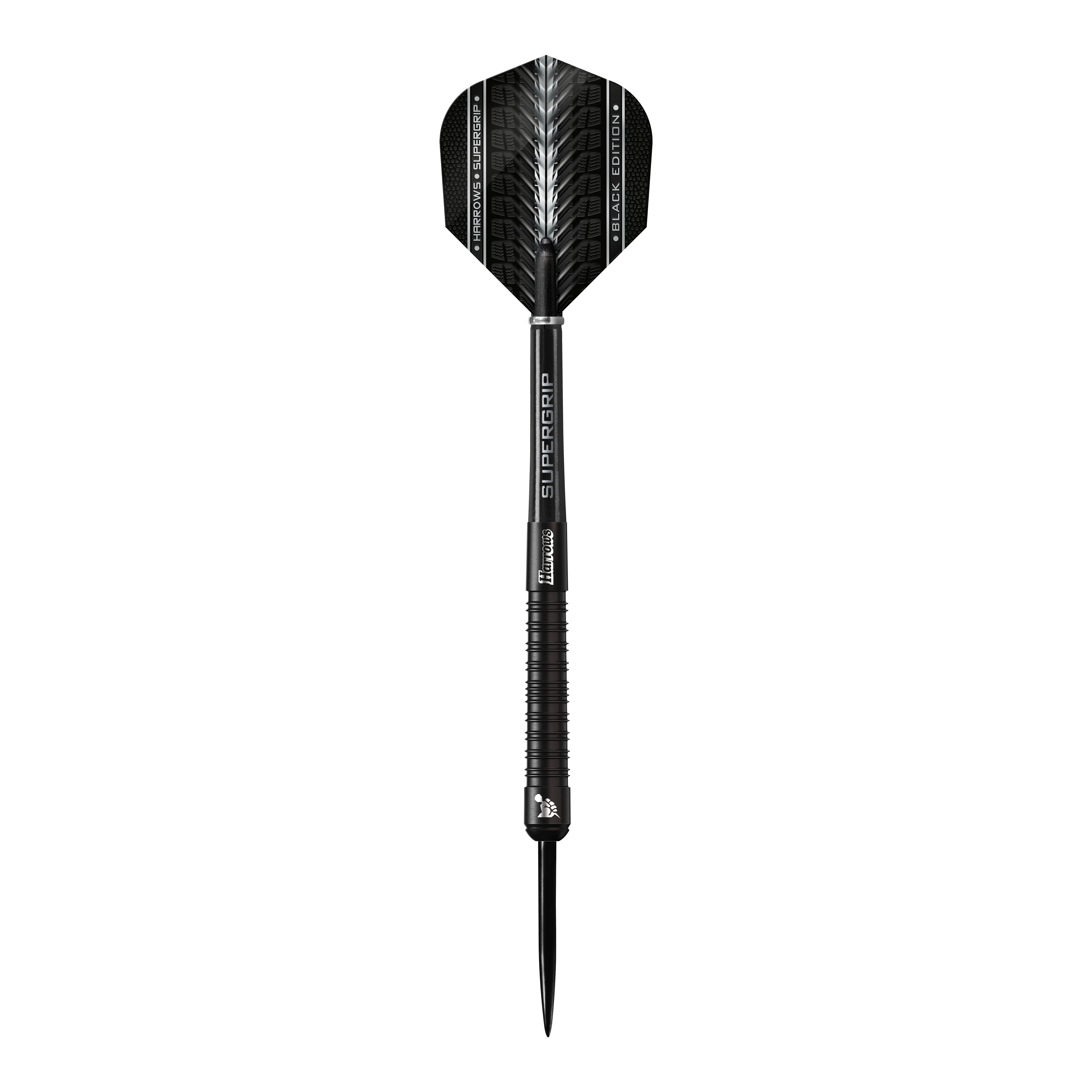 Fléchettes en acier Harrows Supergrip Black Edition Das Bild zeigt einen schwarzen Steeldart der Marke Harrows Supergrip Black-Edition. Der Dart hat ein elegantes, komplett schwarzes Design mit feinen silbernen Akzenten.