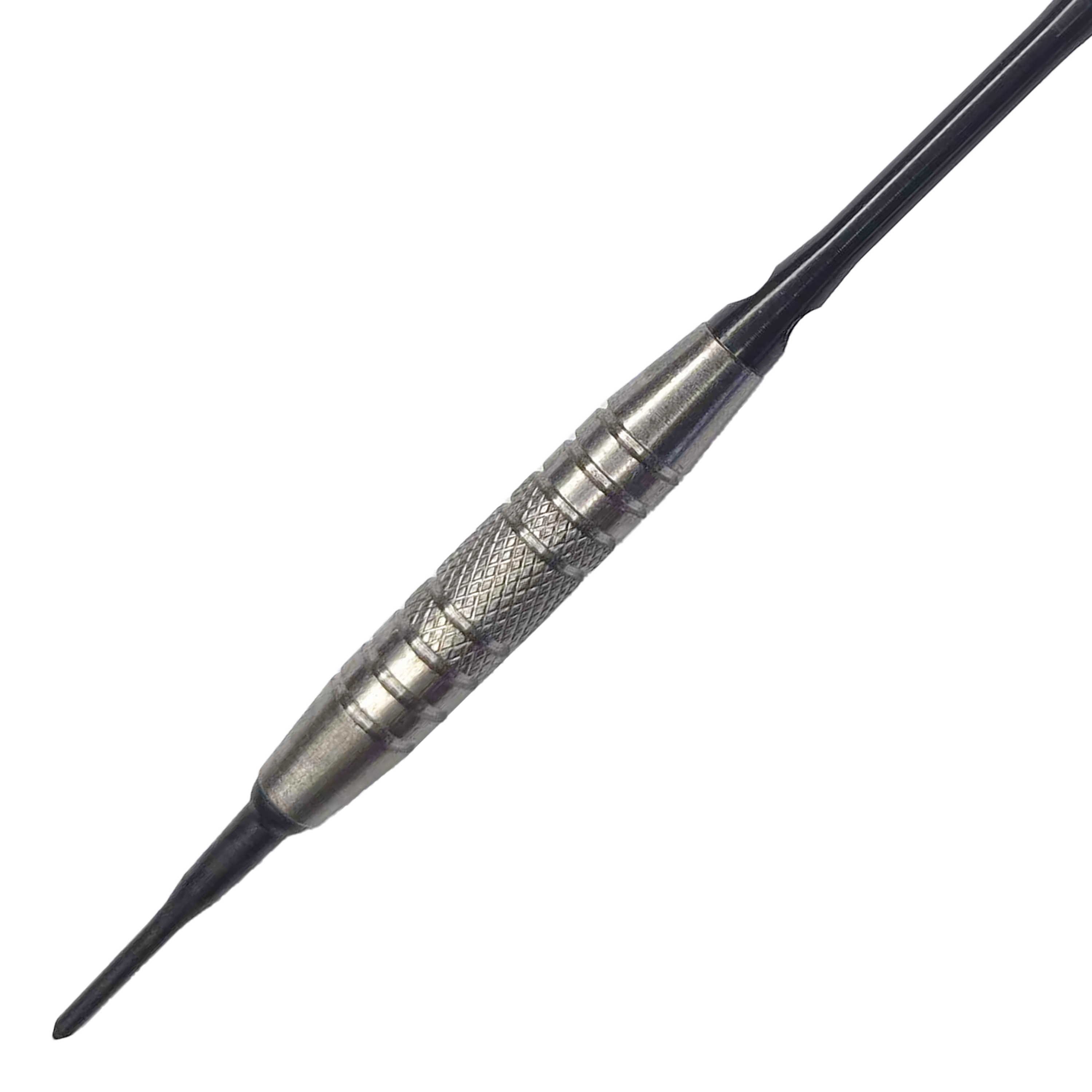 Fléchettes souples McDart 85 Tungstène V6 - 16 g Das Bild zeigt einen Softdart namens "McDart 85er Tungsten V6" mit einem Gewicht von 16 Gramm. Der Dart hat einen silbernen, strukturierten Griffbereich für besseren Halt.