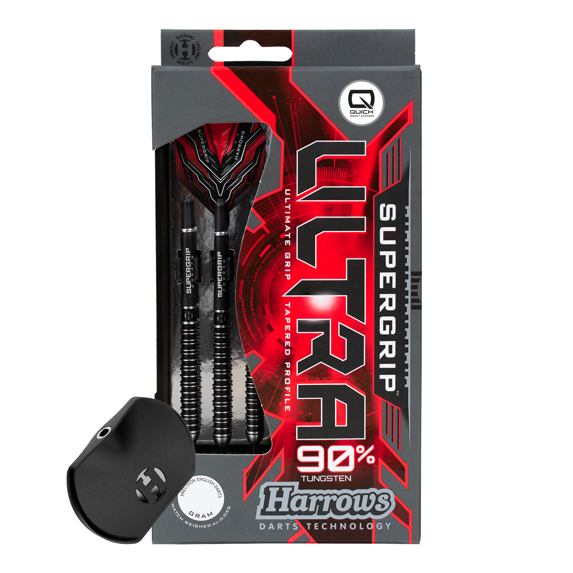 Fléchettes en acier Harrows Supergrip Ultra Quick Point Hier wird das Harrows Supergrip Ultra Quick Point Steeldarts Set gezeigt. Die Features sind im Detail sichtbar.