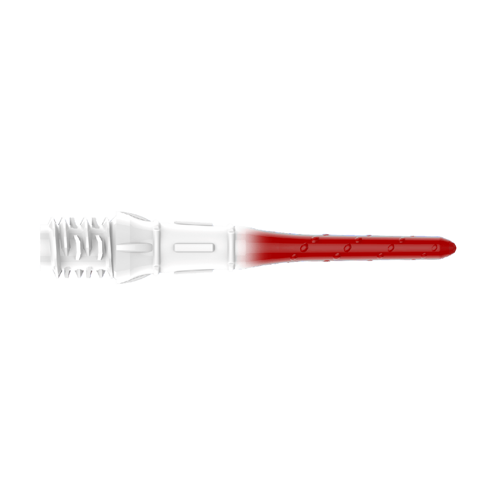 Embouts de lèvres dégradés L-Style Premium (paquet de 30) Das Bild zeigt eine Dartspitze mit einem Farbverlauf von Weiß zu Rot. Die Spitze hat ein gezacktes Gewinde auf der linken Seite und ist glatt auf der rechten Seite.