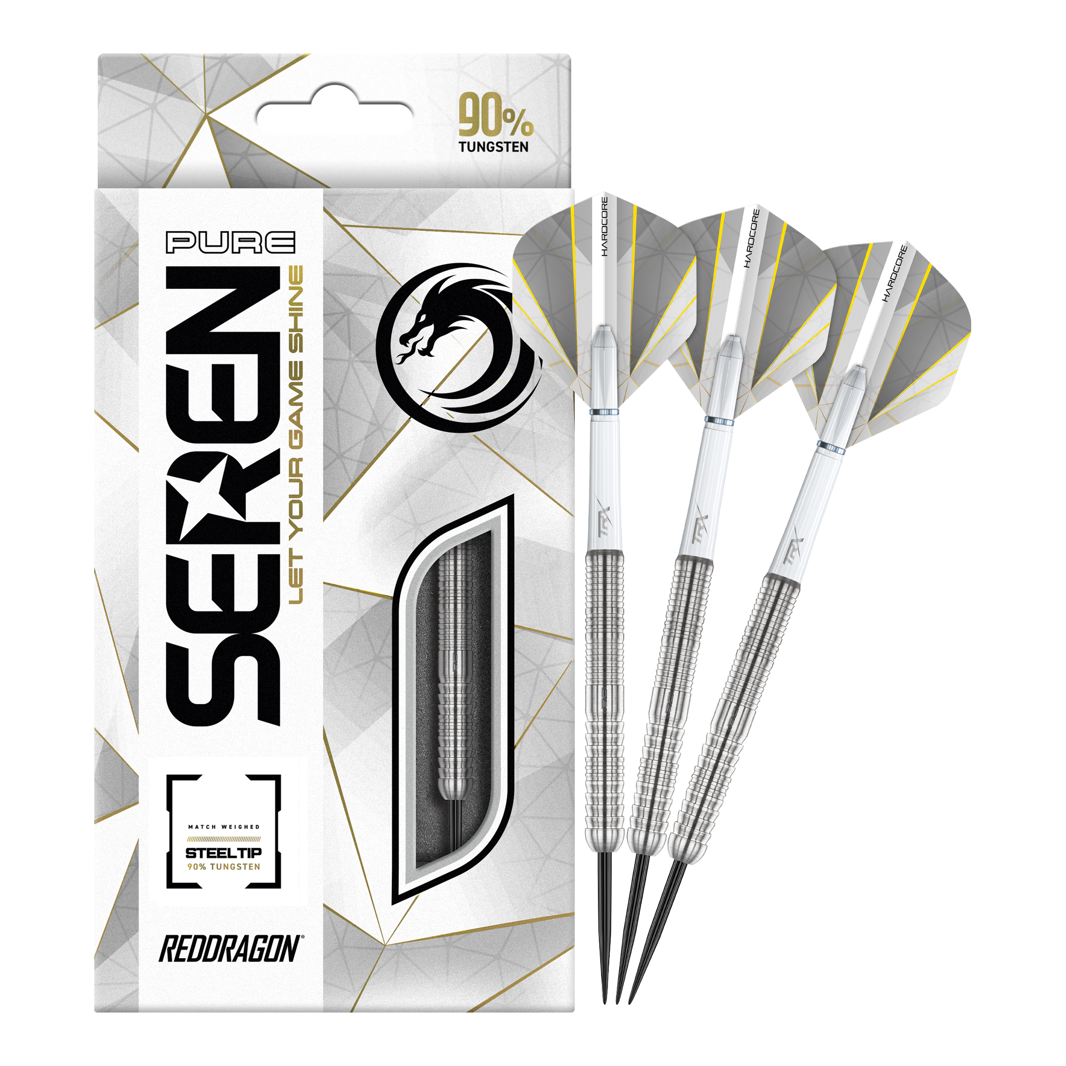 Dragon Rouge Seren 1 Pure Steeldarts Auf dem Bild sind die Red Dragon Seren 1 Pure Steeldarts und ihre Verpackung zu sehen. Die Darts bestehen zu 90 % aus Tungsten und haben ein elegantes, silbernes Design.