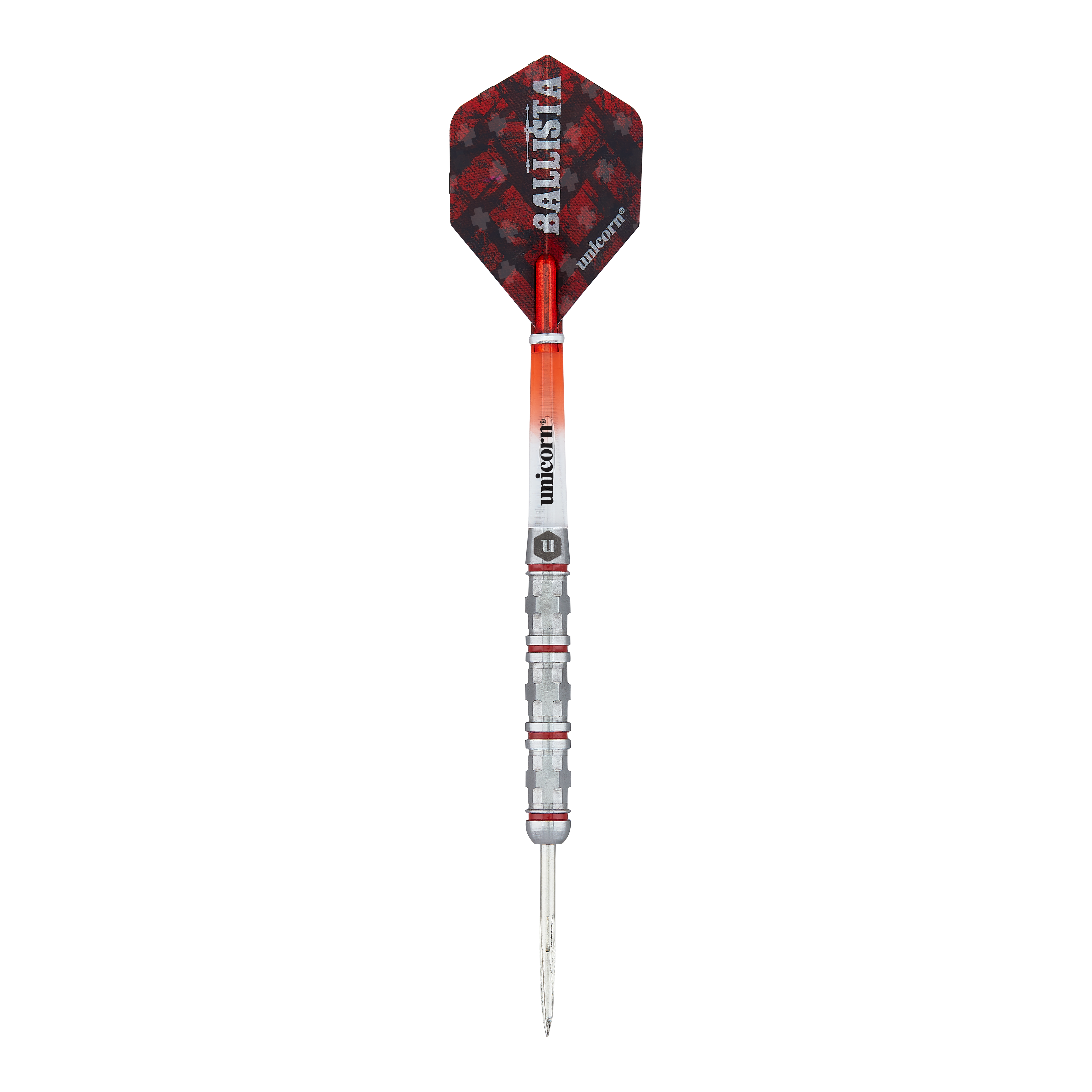 Fléchettes en acier Unicorn Ballista Style 4 Das Bild zeigt einen Steeldart namens "Unicorn Ballista Style 4". Der Dart hat eine silberne Spitze, einen strukturierten Griff und rote sowie schwarze Akzente am Flight.