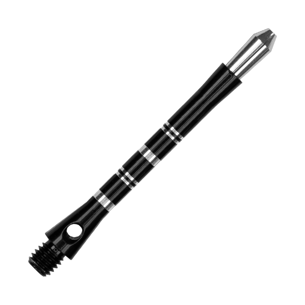 Das Bild zeigt einen schwarzen Harrows Colette Shaft für Darts. Der Shaft hat silberne Ringe als Akzente und ein glänzendes, elegantes Design.