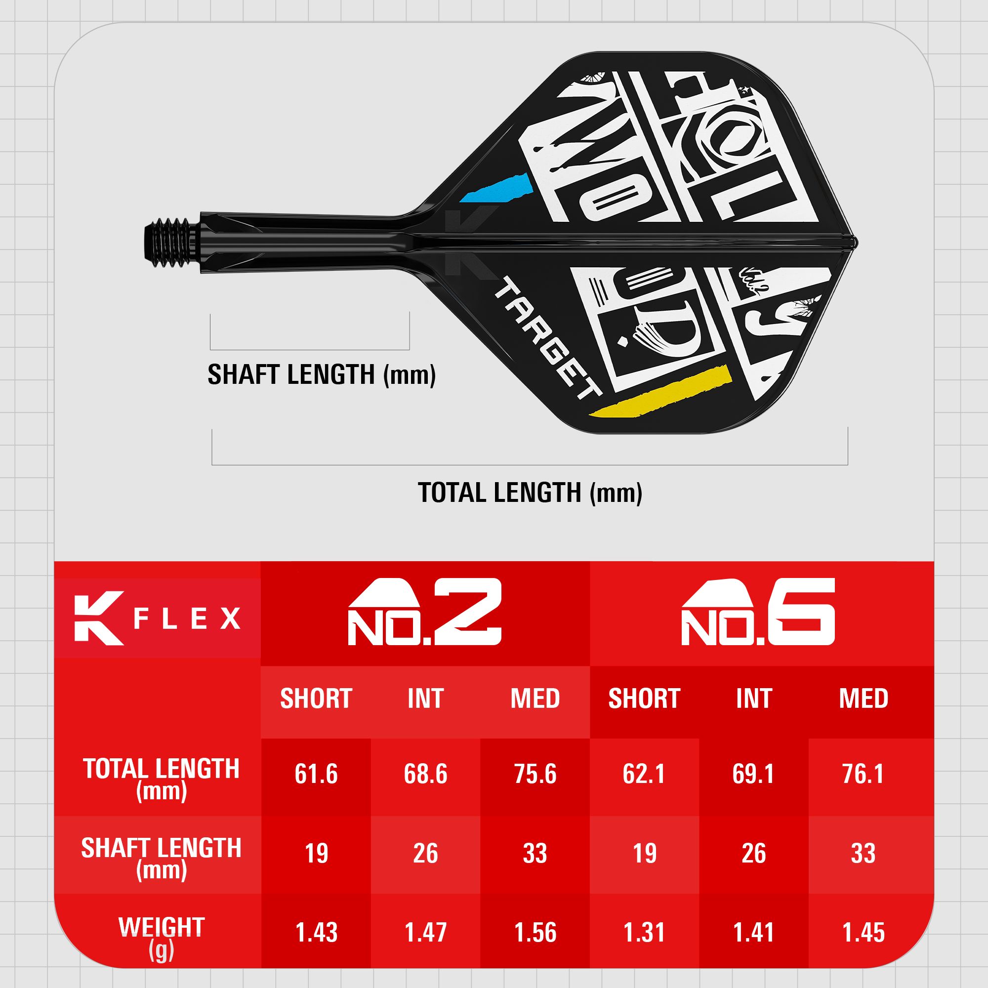 Système de tige de vol standard Target K-Flex Chris Dobey n° 2 Das Bild zeigt das Produkt "Target K-Flex Chris Dobey No2 Standard Flights" mit einer grafischen Darstellung und technischen Angaben. Es sind verschiedene Längen und Gewichte der Flights in einer Tabelle aufgeführt.
