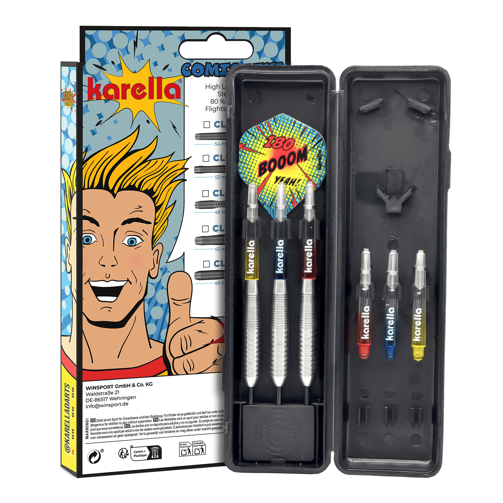 Fléchettes en acier Karella Comic Line CL-4 - 23 g Abgebildet sind die Karella Comic Line CL-4 Steeldarts - 23g. Die Darts haben ein modernes Design und eine spezielle Gewichtsverteilung.