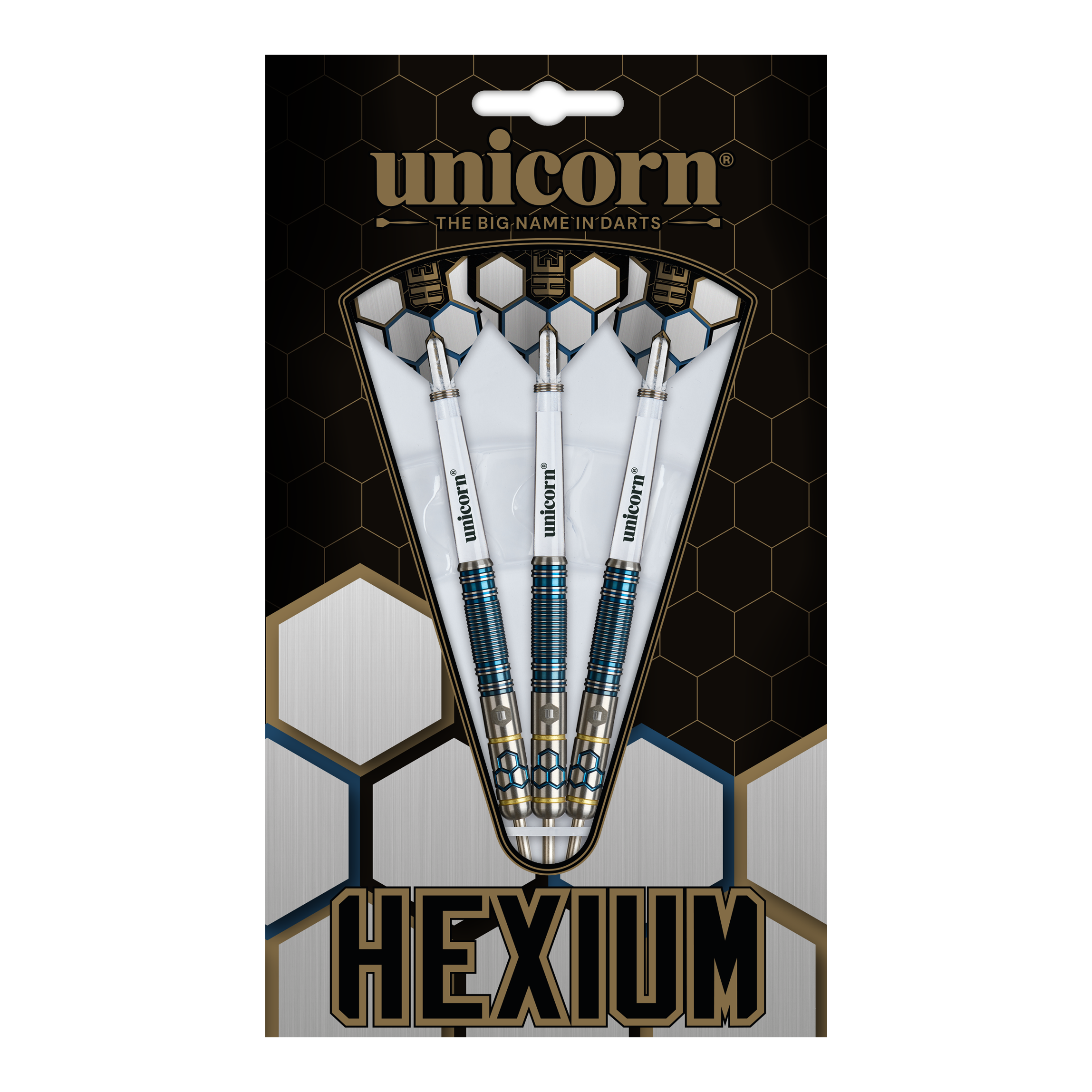 Fléchettes en acier Unicorn Hexium Style 02 bleues et dorées Das Bild zeigt die Unicorn Hexium Style 02 Blue & Gold Steeldarts. Die Darts sind in Blau und Gold designt.