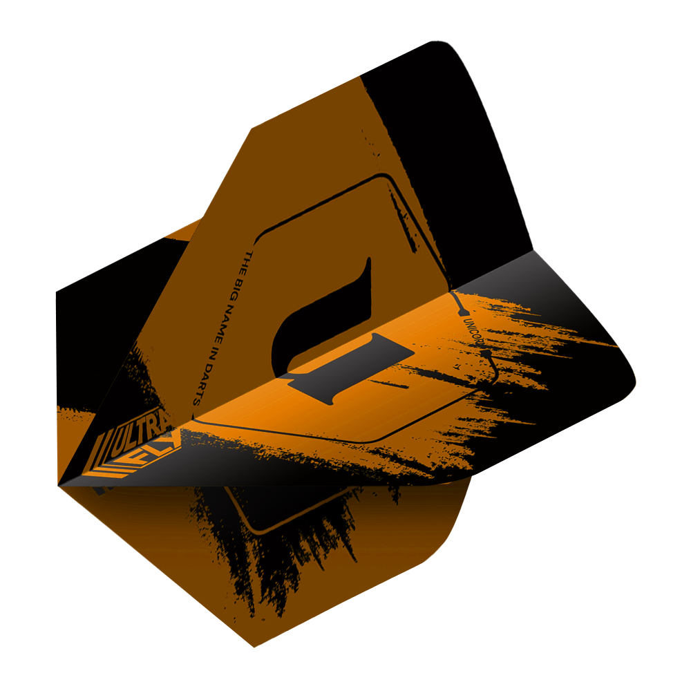 Vols Unicorn Ultrafly 100 Team Unicorn Big Wing - Orange Das Bild zeigt ein orangefarbenes Dart-Flight mit schwarzem Muster und dem Schriftzug „ULTRAFLY“. Das Produkt ist das „Unicorn Ultrafly 100 Team Unicorn Big Wing Flights – Orange“.