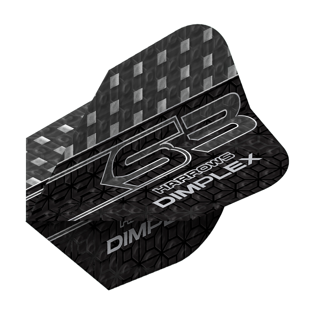 Vols Harrows Dimplex S3 - Smokey Das Bild zeigt ein Dart-Flügel mit dem Namen "Harrows Dimplex S3 Flights - Smokey". Das Design ist überwiegend schwarz mit silbernen Mustern und Schriftzügen.