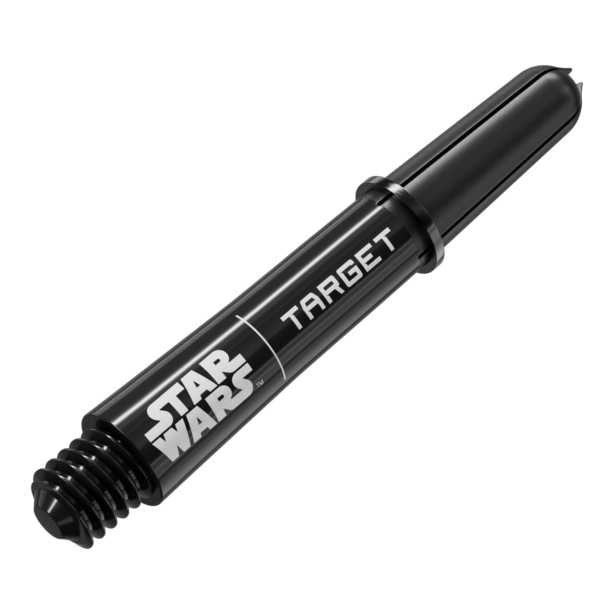 Das Bild zeigt das Produkt mit dem Dateinamen 380420_Target_StarWars_ProGrip_Shafts_Schwarz_Short_34mm_2. Es handelt sich wahrscheinlich um schwarze, kurze Dartshafts mit Star Wars-Design.