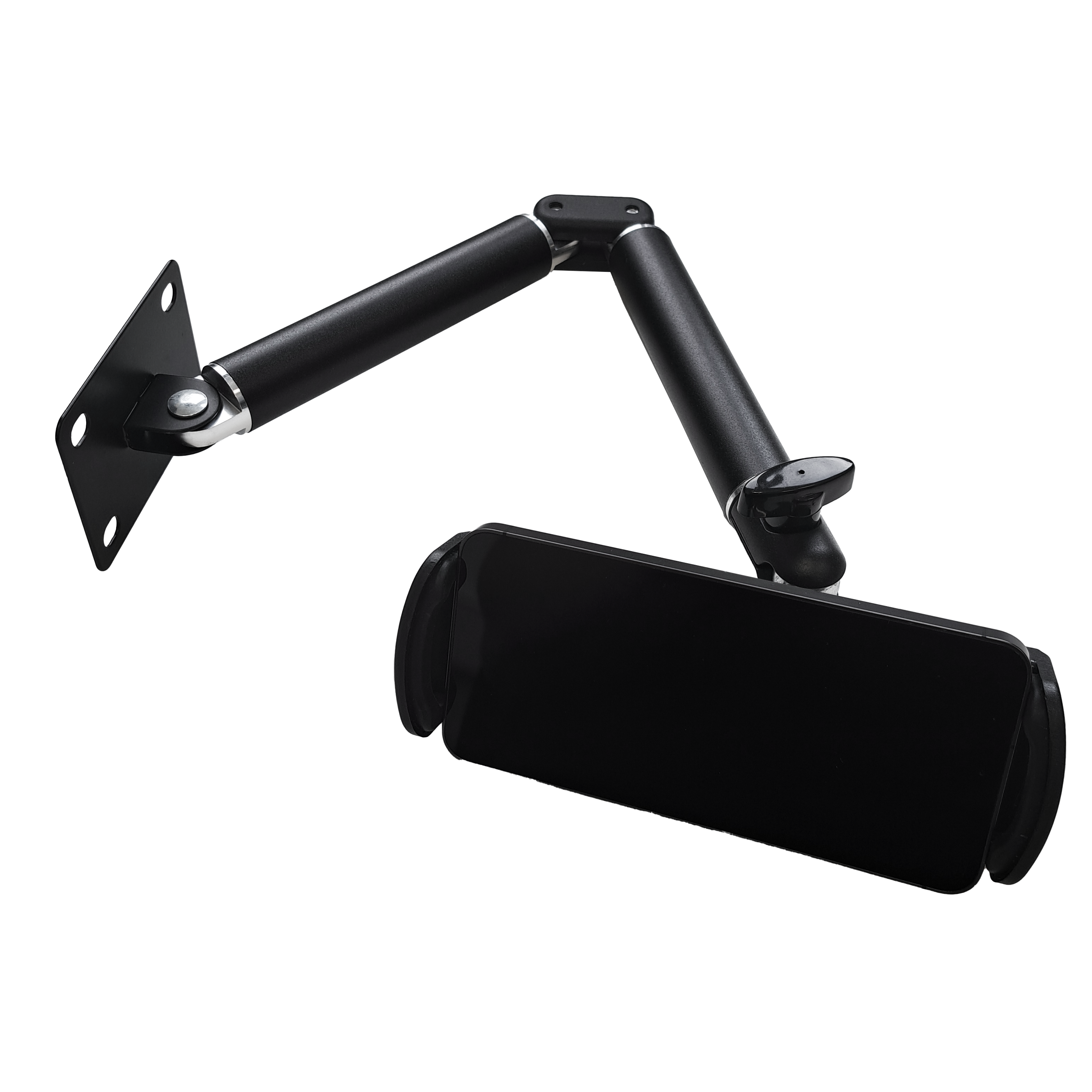 Support mural pour tablette McDart TABFlex avec bras flexible Das Bild zeigt die McDart TABFlex Tablet Wandhalterung mit flexiblem Arm. Sie besteht aus schwarzem Metall und hat einen verstellbaren Arm zur Befestigung eines Tablets an der Wand.