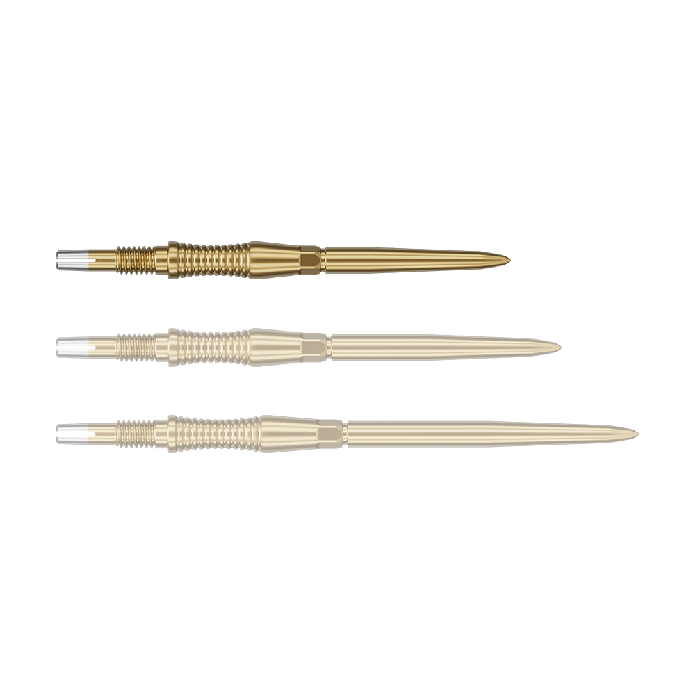 Embouts de fléchettes Target Swiss Point Signature RST - Or Das Bild zeigt eine Darts-Spitze von Target in Gold, vermutlich aus der Swiss Point Signature RST Serie mit 30mm Länge. Die Spitze hat ein detailliertes Design und reflektiert das Licht.