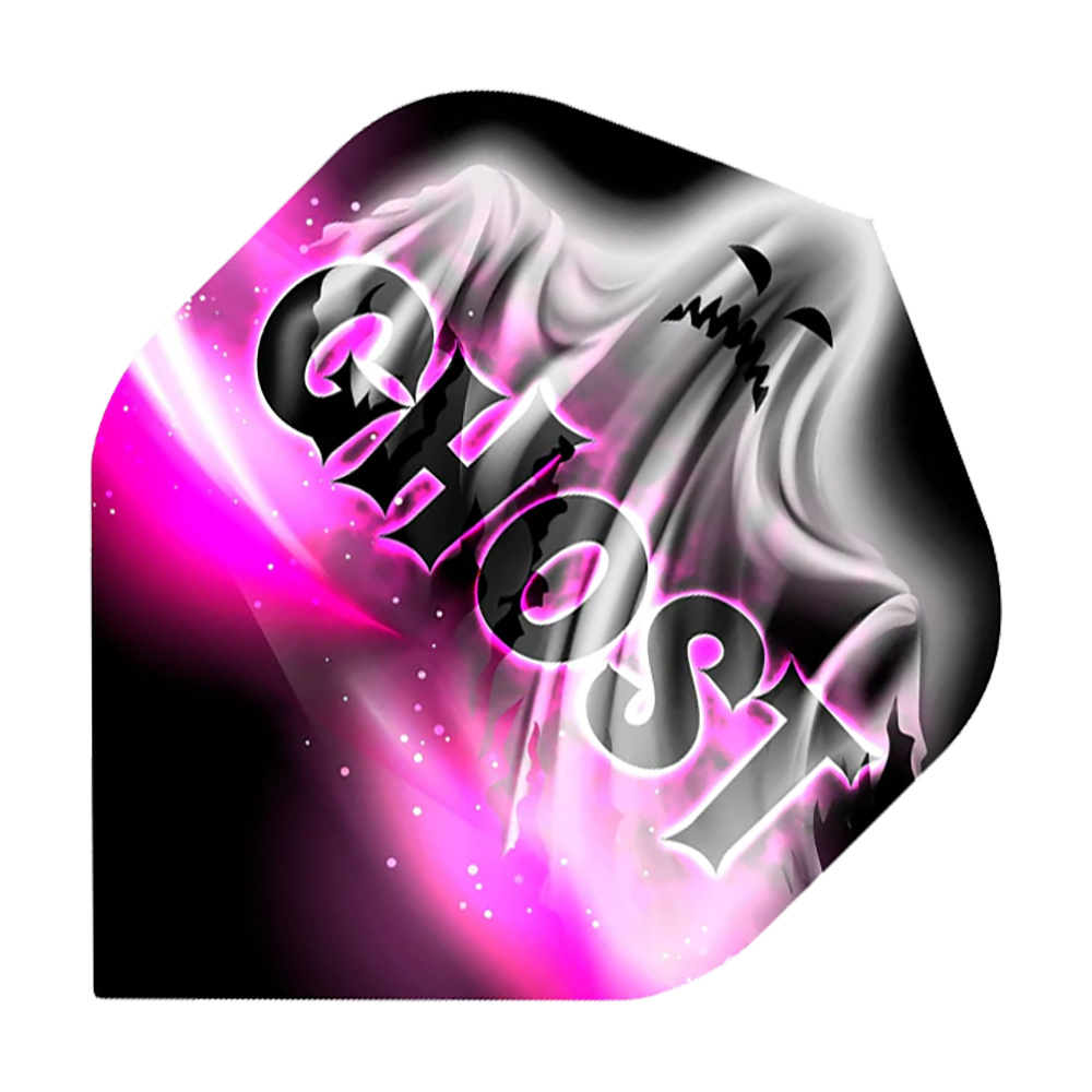 Mission Solo Bailey Marsh No2 Vols Standard Das Bild zeigt ein Dartflight mit einem Geistermotiv und dem Wort "GHOST" groß darüber geschrieben. Die Farben sind hauptsächlich Schwarz, Weiß und Pink.
