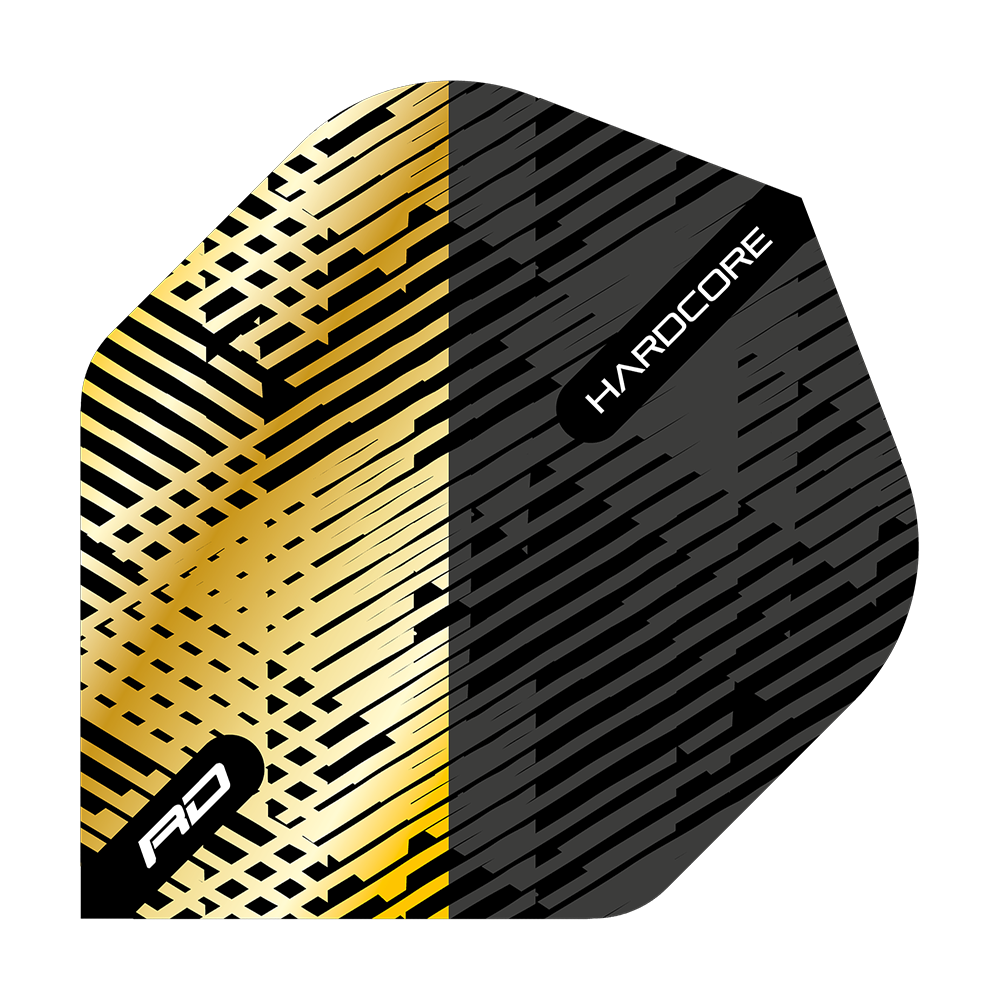 TF6832_Red_Dragon_Hardcore_Premium_Gold_Black_Fleck_Standard_Flights_10z4PO17LRq45a Dieses Bild zeigt ein Dartflight mit einem auffälligen Design in Gold und Schwarz. Auf dem Flight sind die Worte „RD“ und „HARDCORE“ zu sehen.