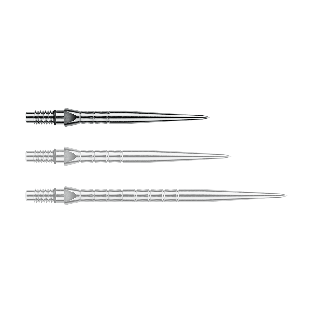 Pointes de fléchettes en acier Winmau Switch Point Wave - Effet argent Das Foto zeigt Winmau Switch Point Wave Silver Effect Steeldartspitzen mit 26 mm. Die silberfarbenen Steeldartspitzen sind in der Nahaufnahme sichtbar.