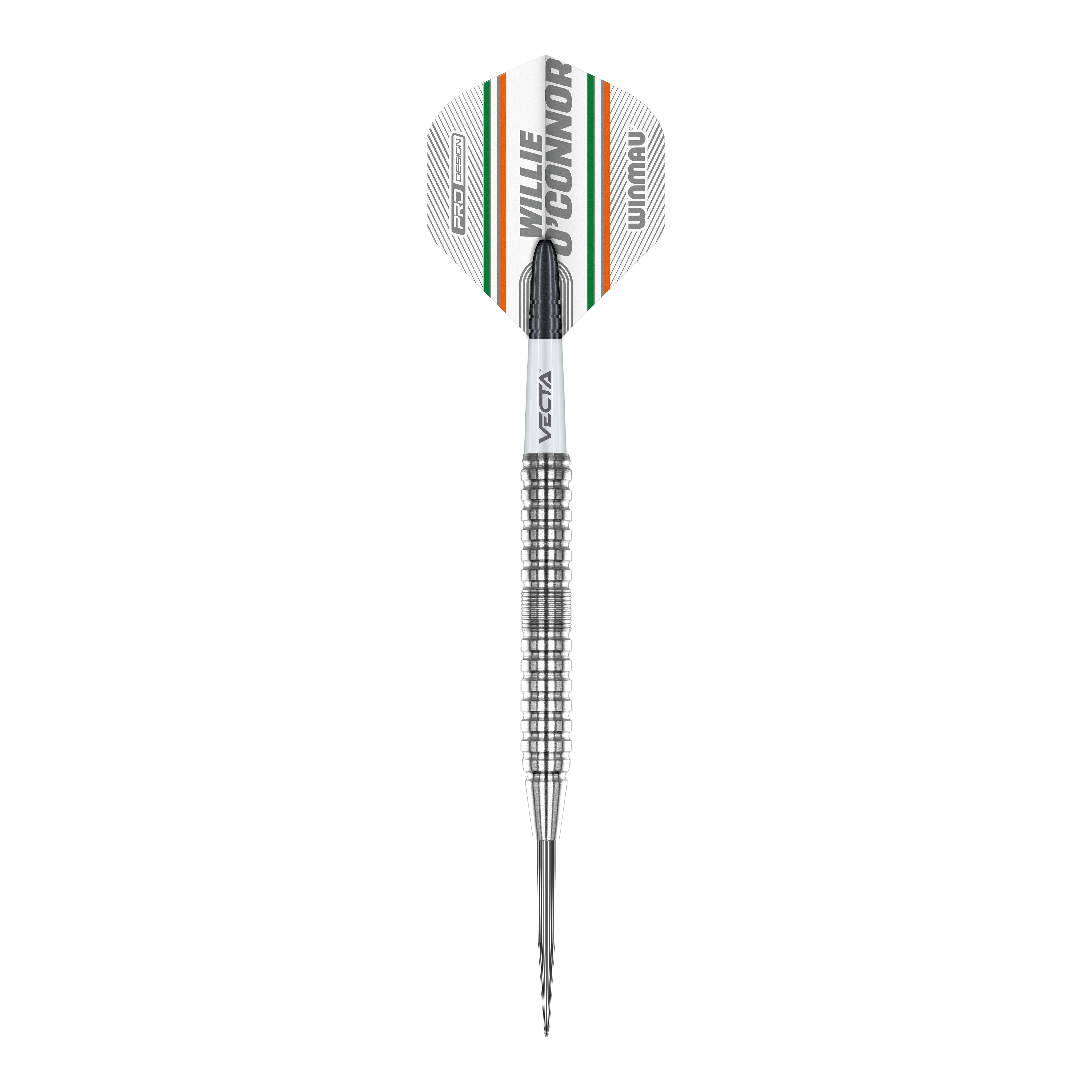 Fléchettes en acier Winmau Willie O'Connor - 23 g Das Bild zeigt einen Winmau Willie O'Connor Steeldart mit 23g Gewicht. Der Dart hat ein silbernes, geriffeltes Barrel und ein Flight mit orangenen, grünen und schwarzen Streifen.