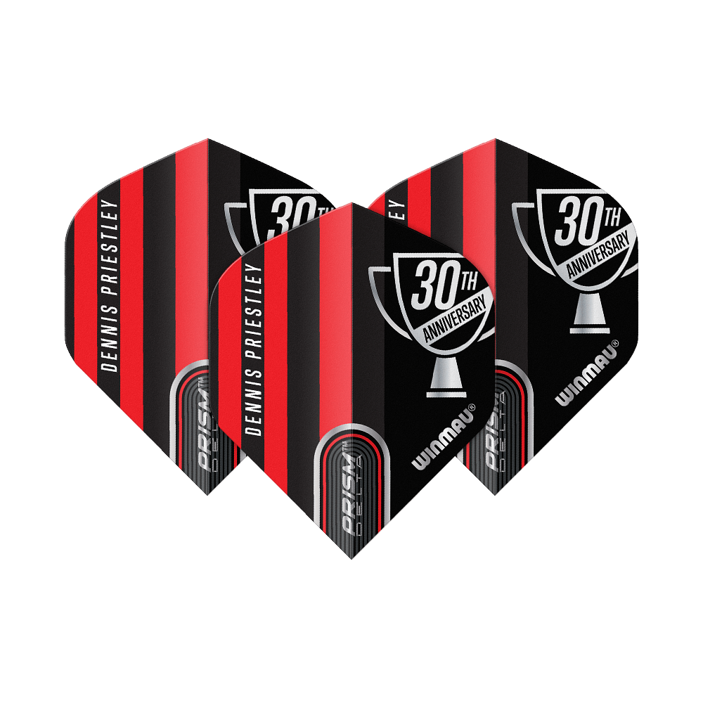 Vols standard Winmau Prism Delta Dennis Priestley Diamond 3-Zero No2 Das Bild zeigt drei Dartflights der Marke Winmau in rot-schwarzem Design. Auf den Flights steht "Dennis Priestley" und "30th Anniversary".