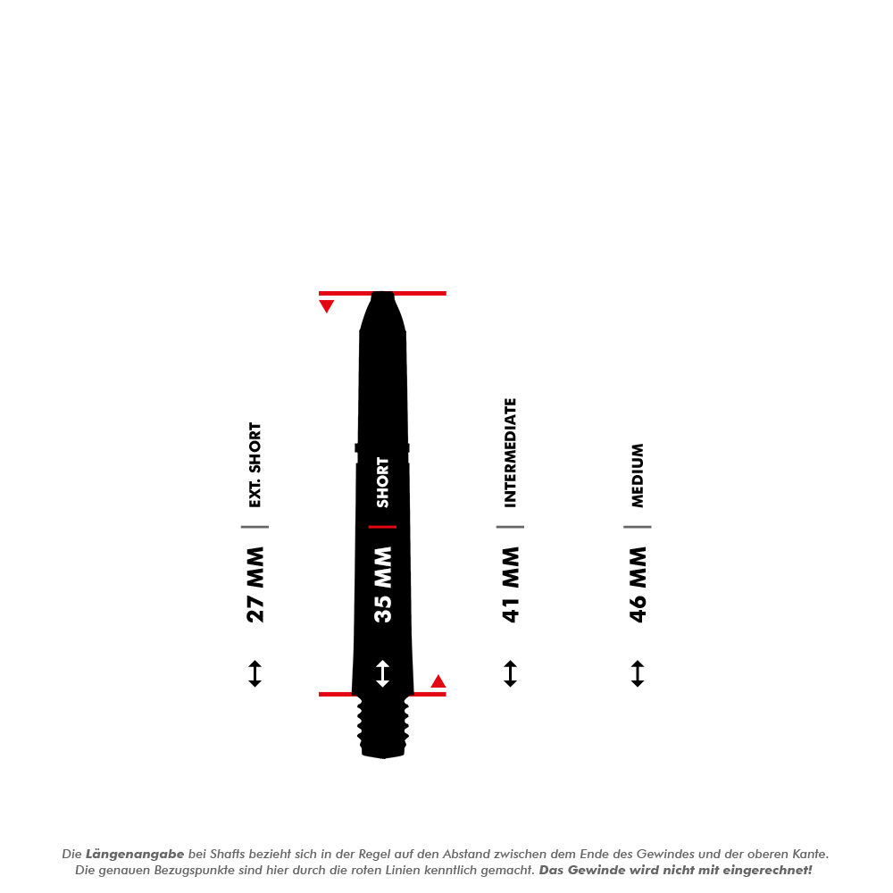 7011_001_Winmau_Pro-Force_Shafts_4Var_5_35mmZMnhGsROX6rCz Das Bild zeigt eine Übersicht der Längen verschiedener Winmau Pro-Force Shafts in Weiß. Es sind die Größen Extra Short (27 mm), Short (35 mm), Intermediate (41 mm) und Medium (46 mm) dargestellt.