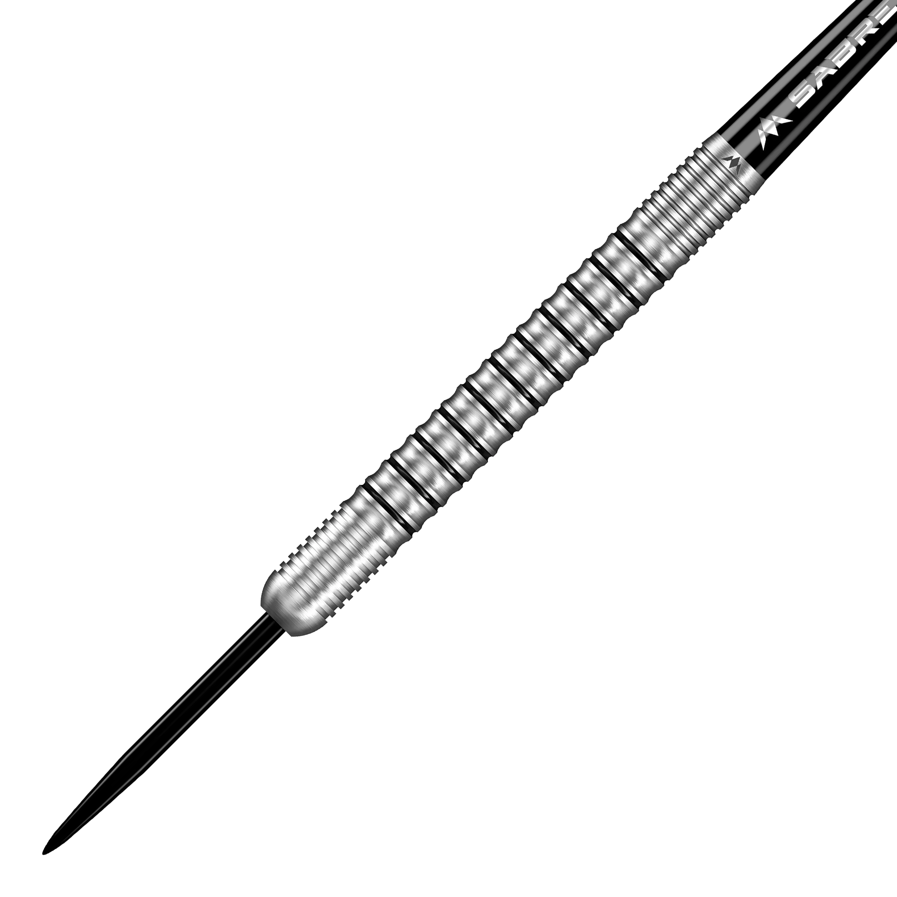 Dieses Bild zeigt einen Mission Dominik Grüllich Steeldart mit einem Gewicht von 23,5 Gramm. Der Dart ist aus silberfarbenem Metall und hat ein geriffeltes Griffstück.
