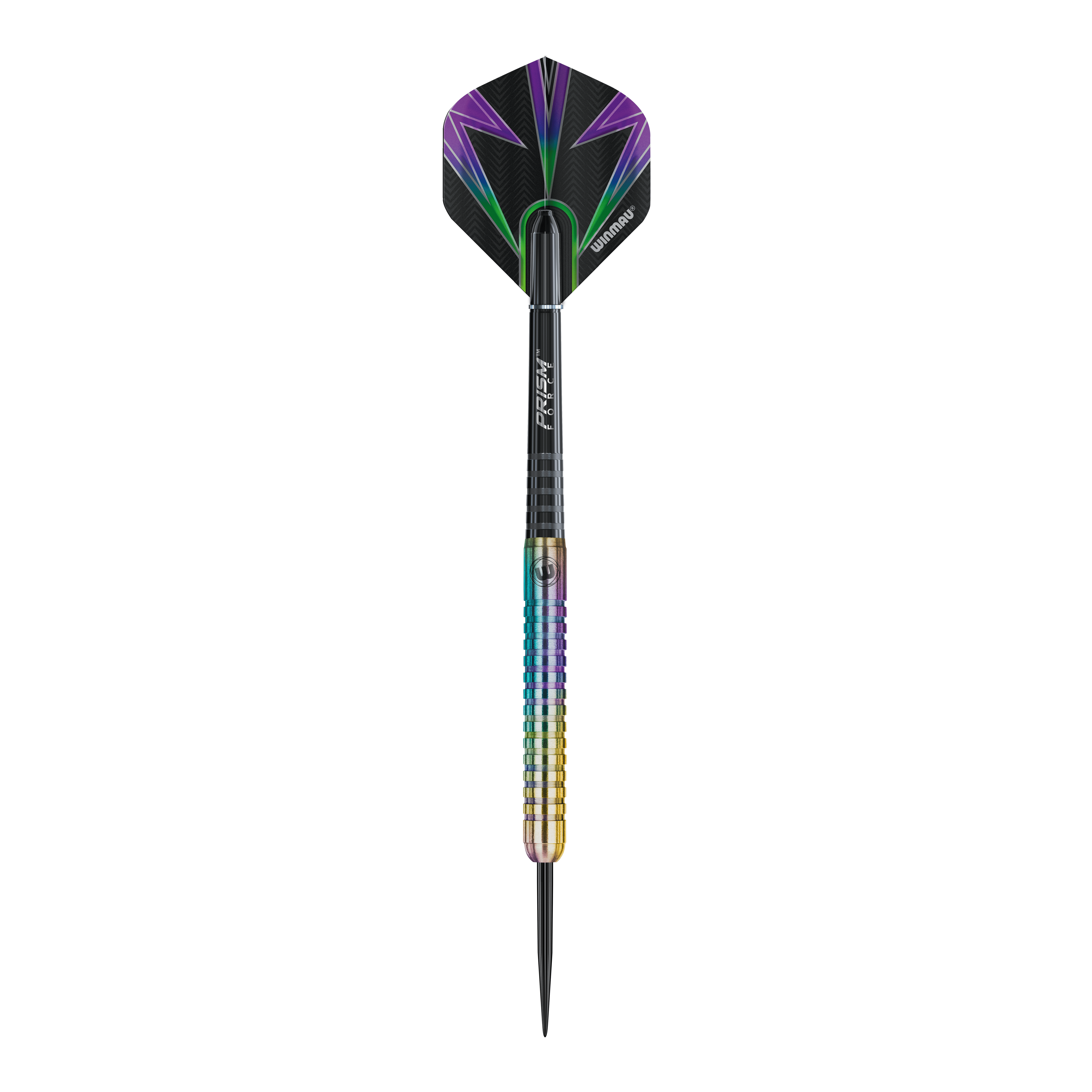 Fléchettes en acier Winmau Foxfire Urban Das Bild zeigt einen Winmau Foxfire Urban Steeldart mit buntem Schaft und moderner Optik. Die Flight ist schwarz mit lila und grünen Akzenten gestaltet.