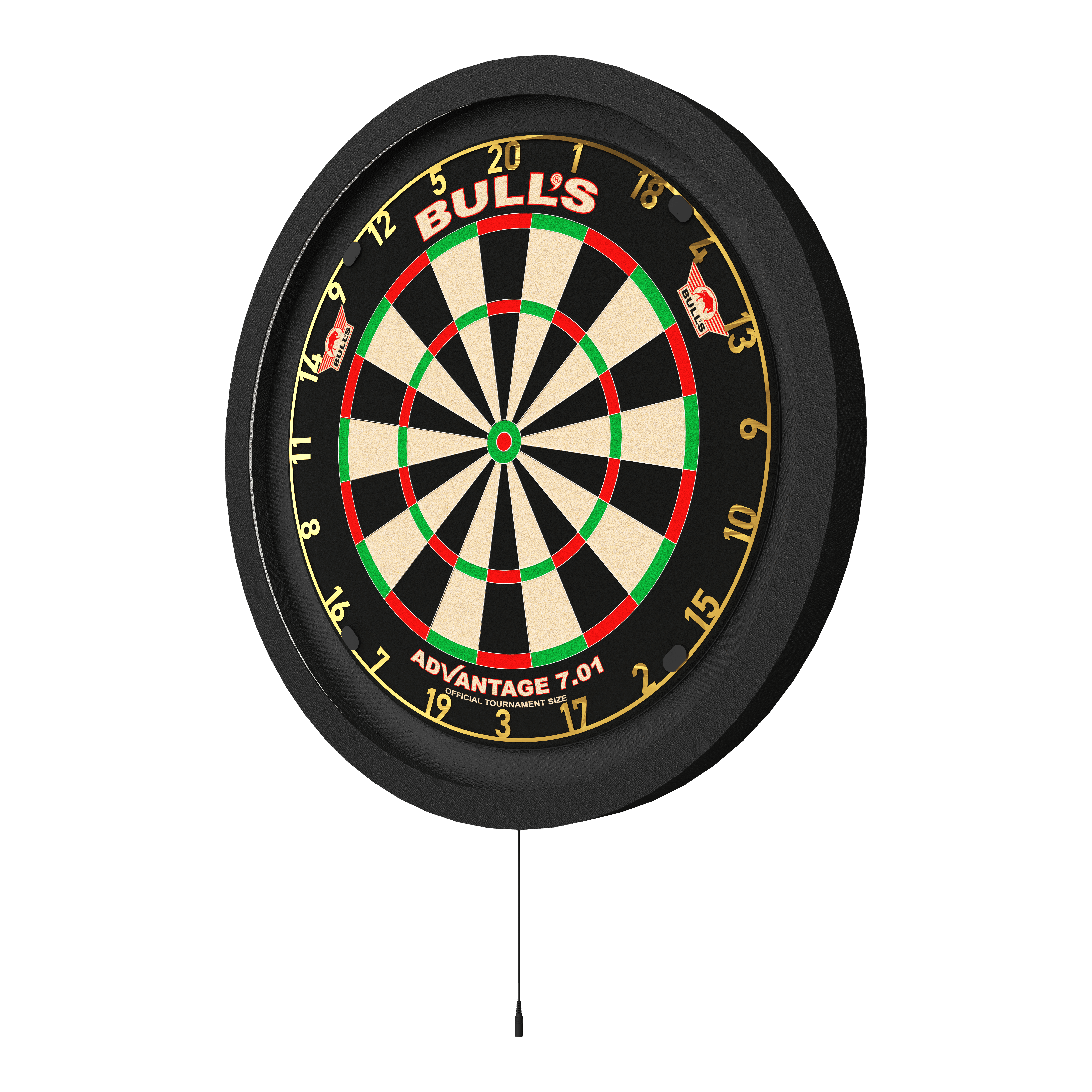 Système d'éclairage d'ambiance Bulls NL Lumo 2 Das Bild zeigt ein Bulls NL Lumo 2 Light Surround Beleuchtungssystem an einer Dartscheibe. Das Beleuchtungssystem sorgt für eine gleichmäßige Ausleuchtung des Dartboards.