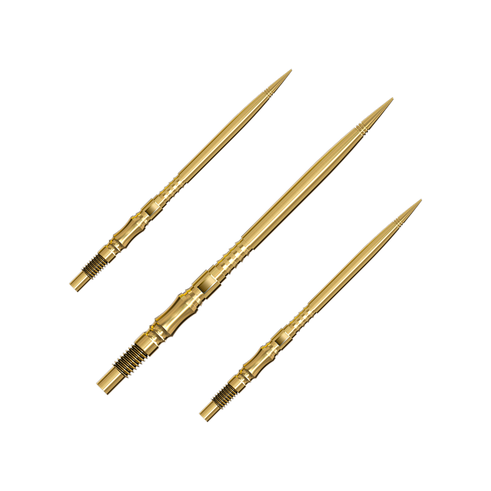 Pointes de fléchettes Harrows Quick Point Axis Elite Series - Or Ein Set von mehreren goldfarbenen Dartspitzen liegt nebeneinander. Die Spitzen sind gut sortiert und übersichtlich angeordnet.