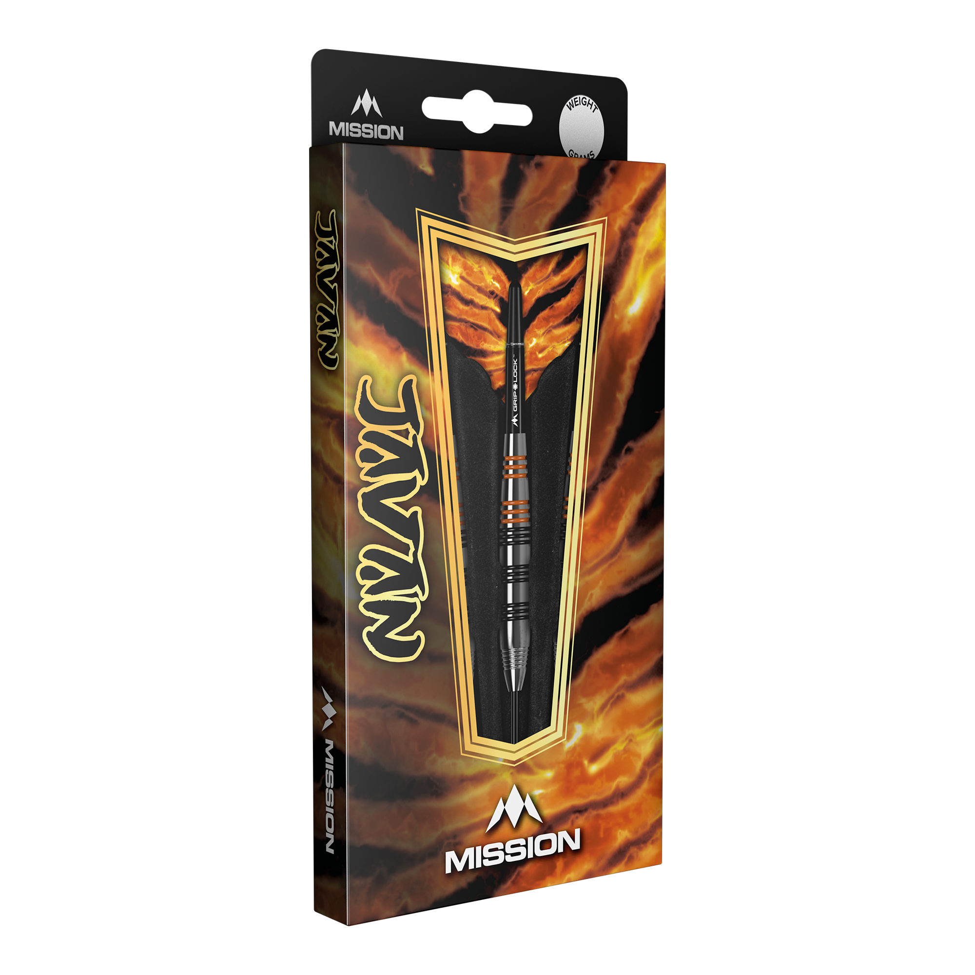 Fléchettes en acier laiton Mission Javan - 22 g Die Abbildung zeigt die Verpackung der Mission Javan Brass Steeldarts mit einem Gewicht von 22g. Das Design ist auffällig und besitzt feurige Farben mit dem Produkt im Vordergrund.