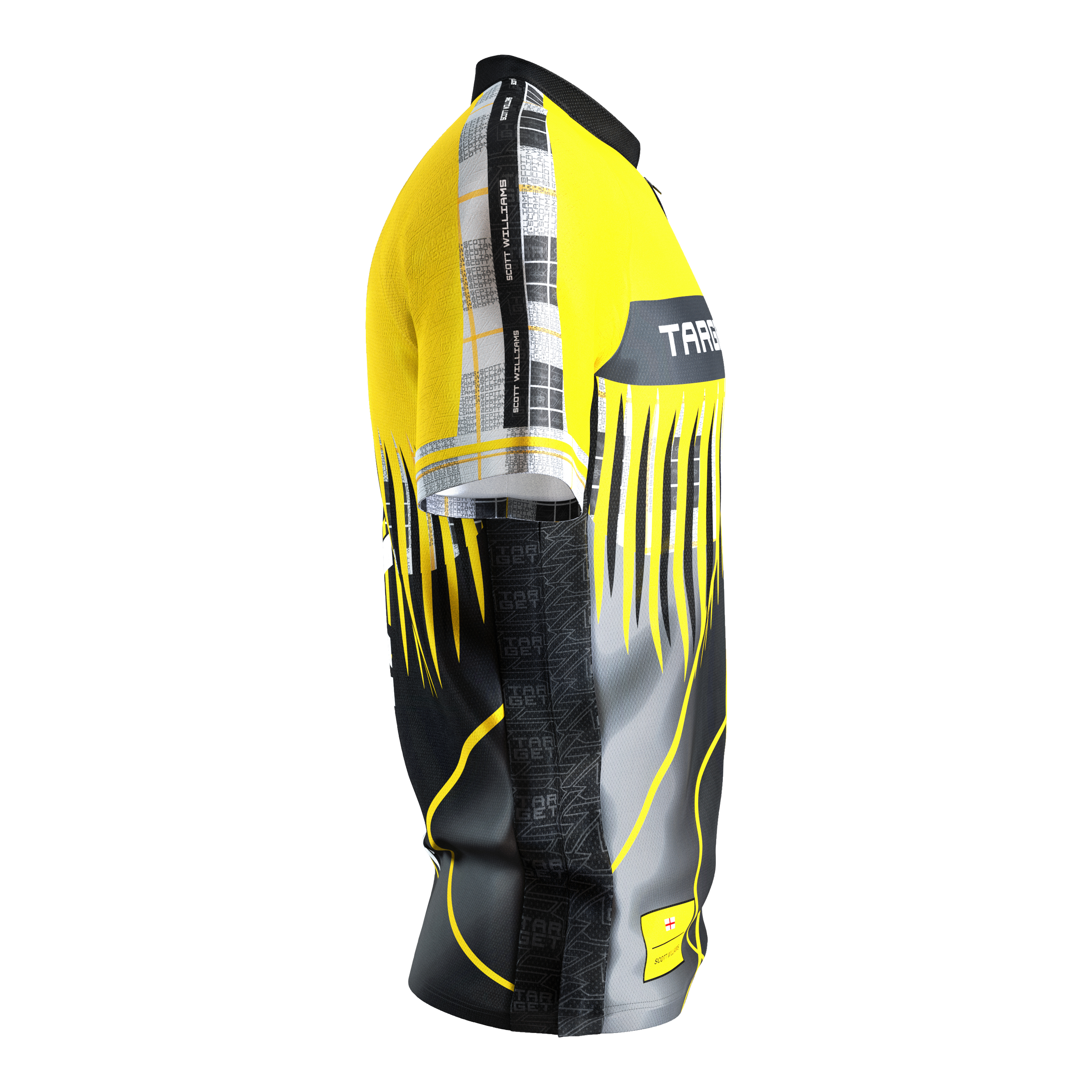 Maillot de fléchettes Target Coolplay Scott Williams 2025 Das Bild zeigt das "Target Coolplay Scott Williams 2025 Dartshirt". Das Shirt hat ein auffälliges Design in Gelb, Schwarz und Grau mit modernen Mustern.