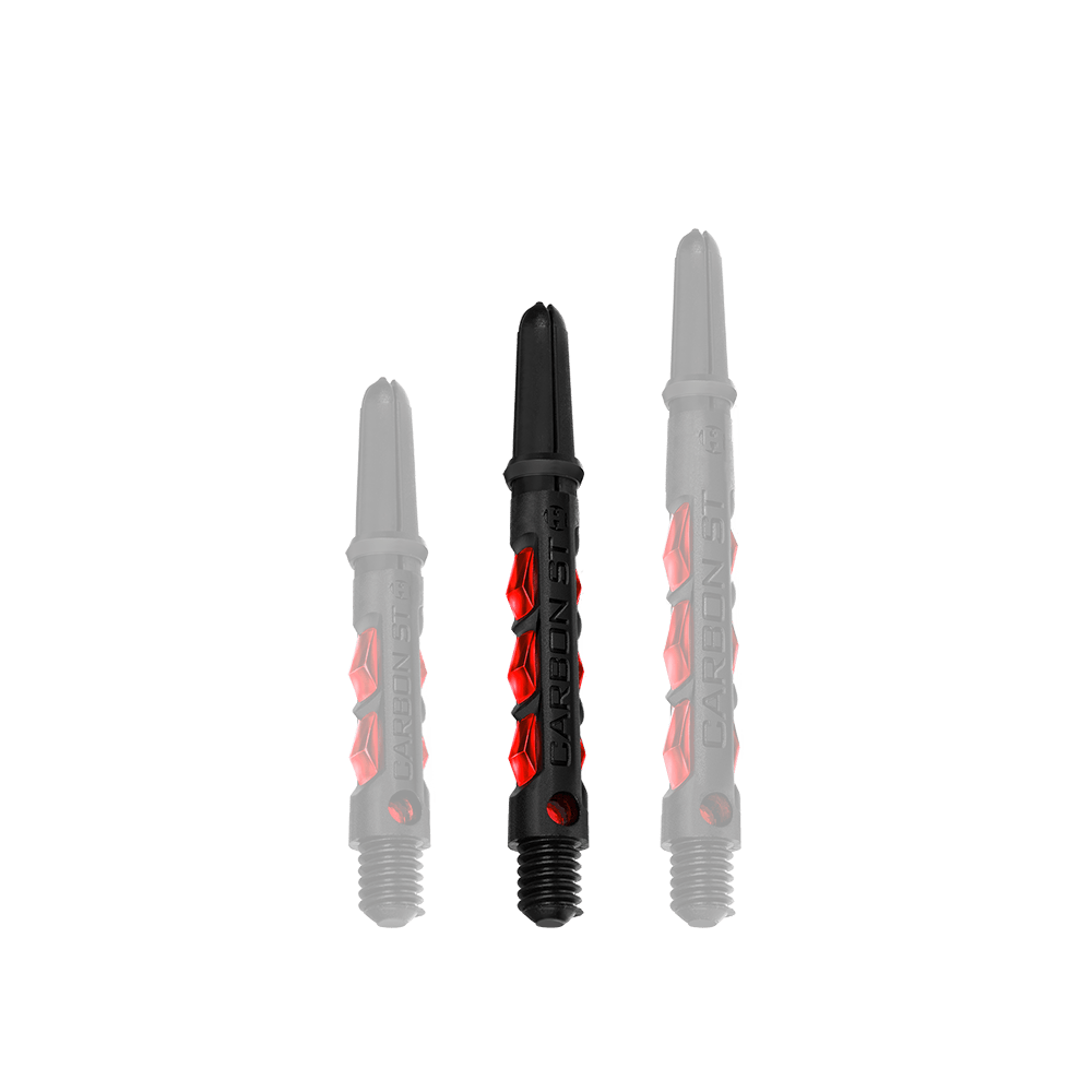HR432_Harrows_Carbon_ST_Shafts_Rot_40mm_1ZiisrhfNIARLO Das Bild zeigt drei schwarze Harrows Carbon ST Shafts mit roten Akzenten in verschiedenen Längen. Die Schrift "CARBON ST" ist auf den Schäften zu sehen.