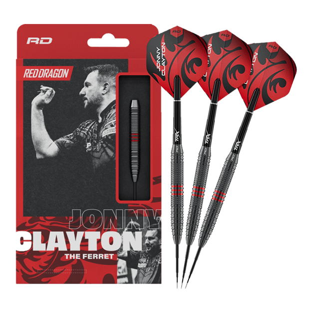 Fléchettes en acier Red Dragon Jonny Clayton Core Brass - 21 g Dieses Bild zeigt die Red Dragon Jonny Clayton Core Brass Steeldarts - 21g in voller Länge. Die Darts haben goldene Rillen und rote sowie schwarze Details am Flight.